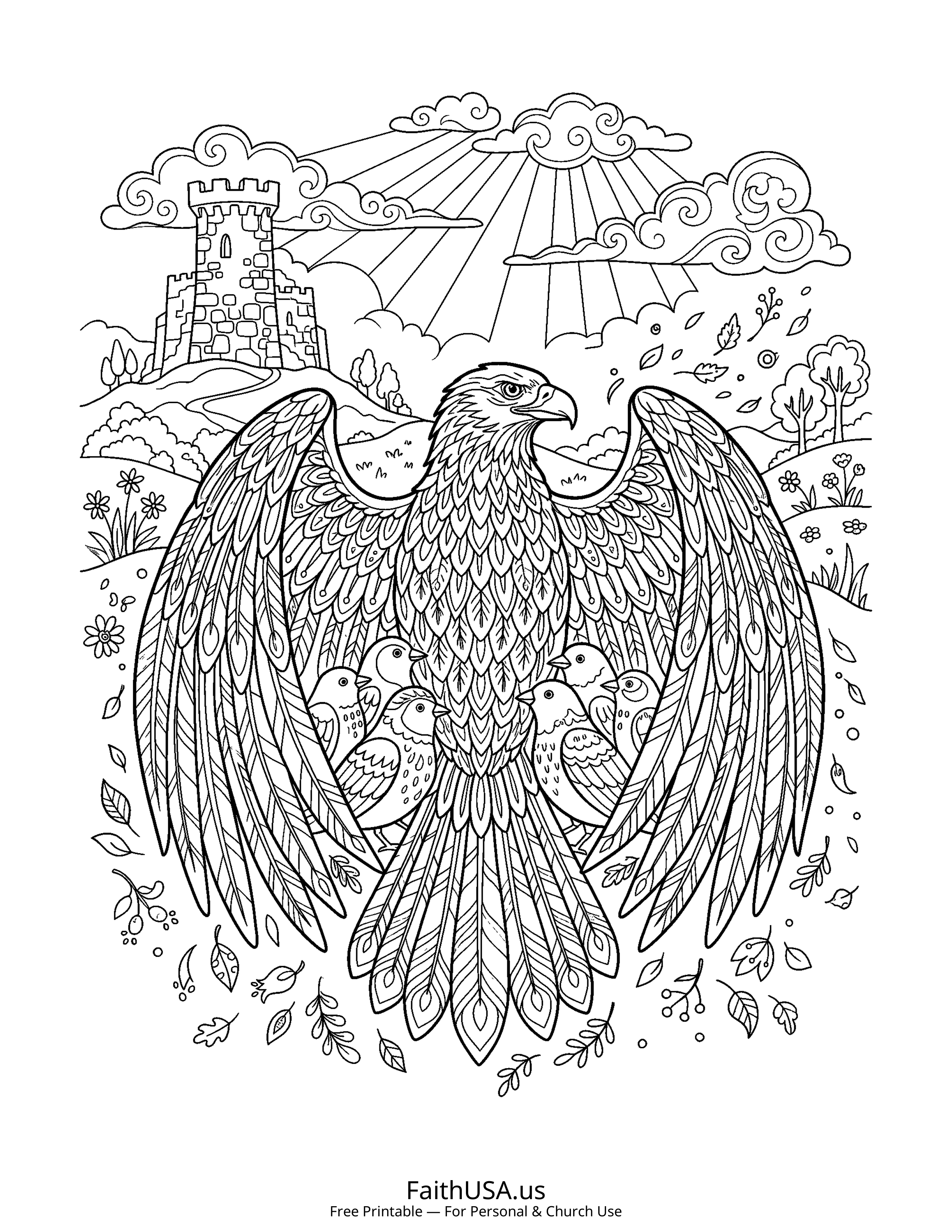 Psalm coloring page featuring Psalm 91: Shelter of the Most High in detailed black-and-white line art