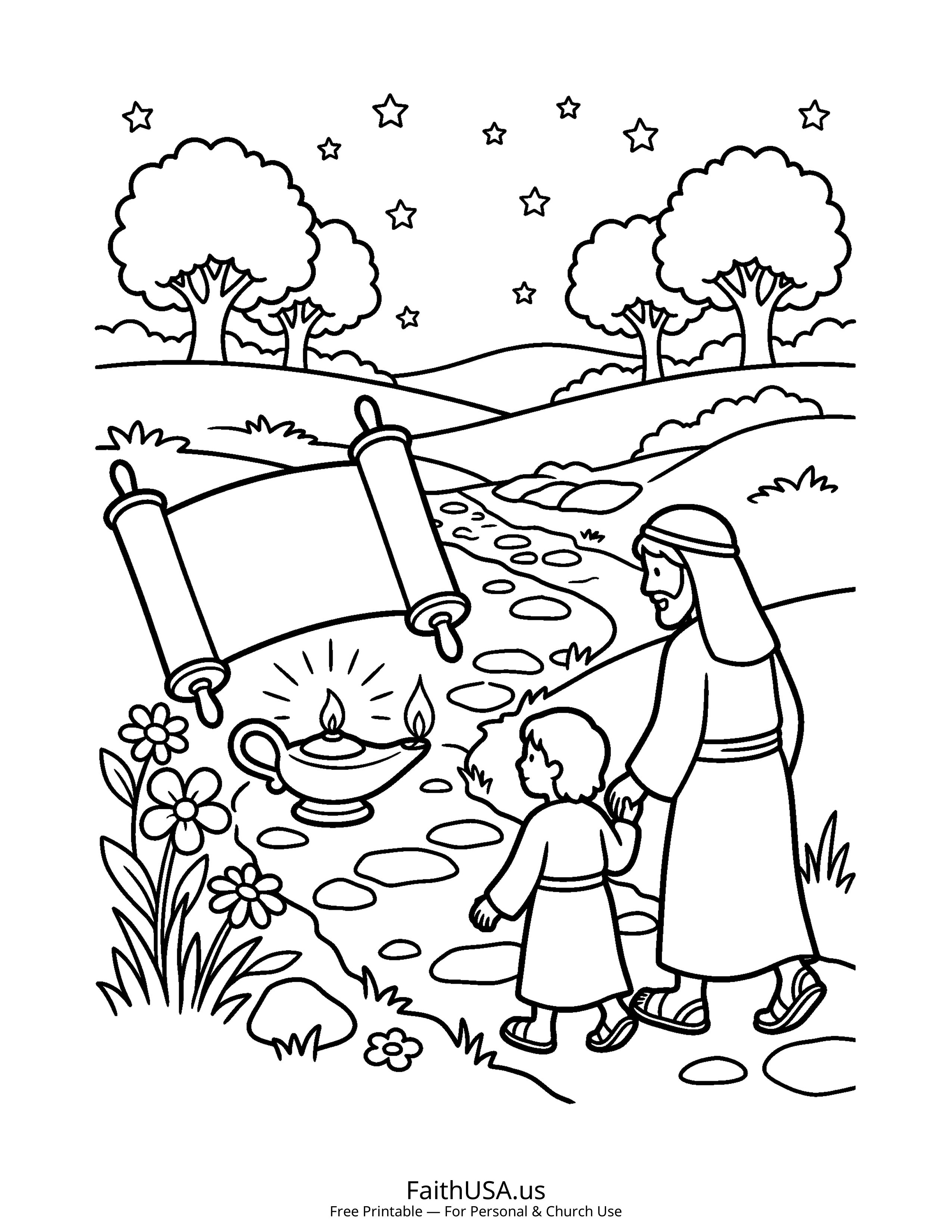 Psalm coloring page featuring Psalm 119: Lamp to My Feet in simple black-and-white line art