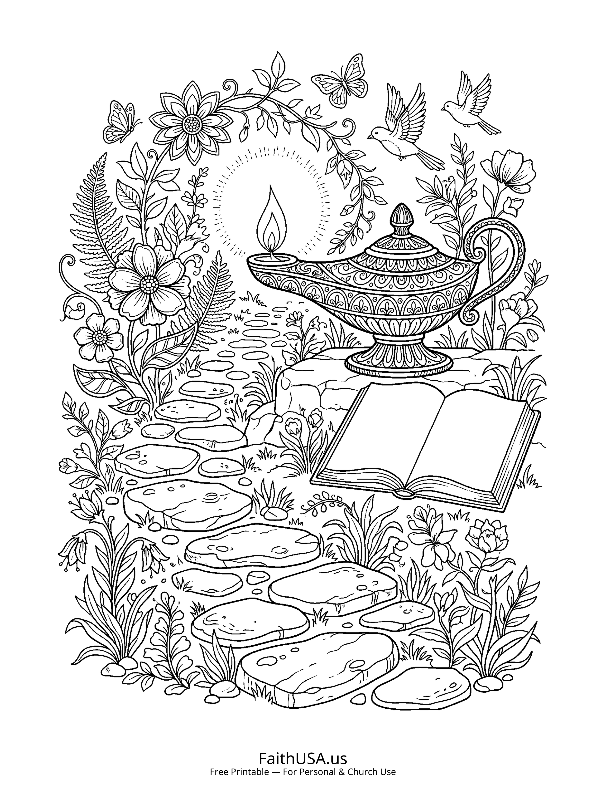 Psalm coloring page featuring Psalm 119: Lamp to My Feet in detailed black-and-white line art
