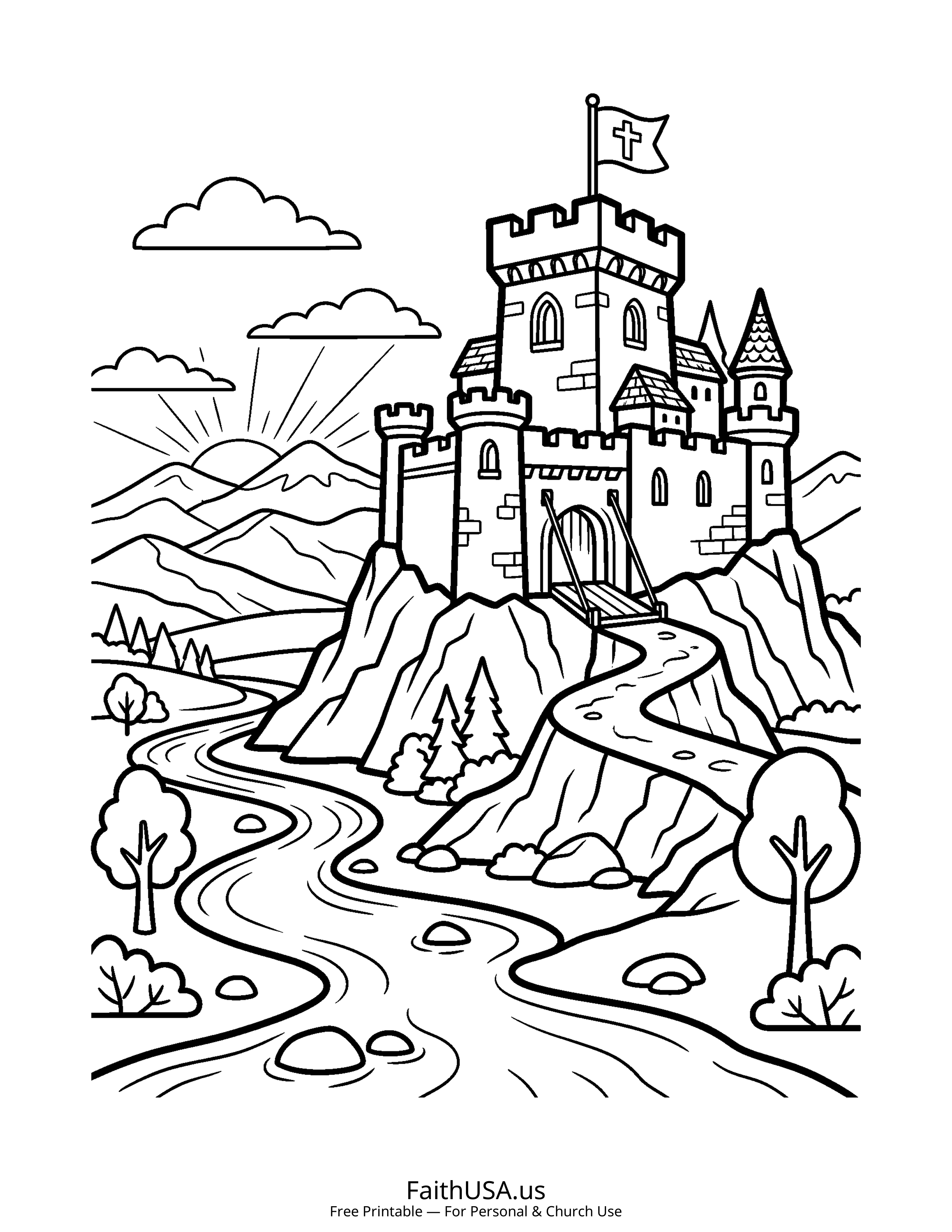 Psalm coloring page featuring Psalm 46: God Is Our Refuge in simple black-and-white line art