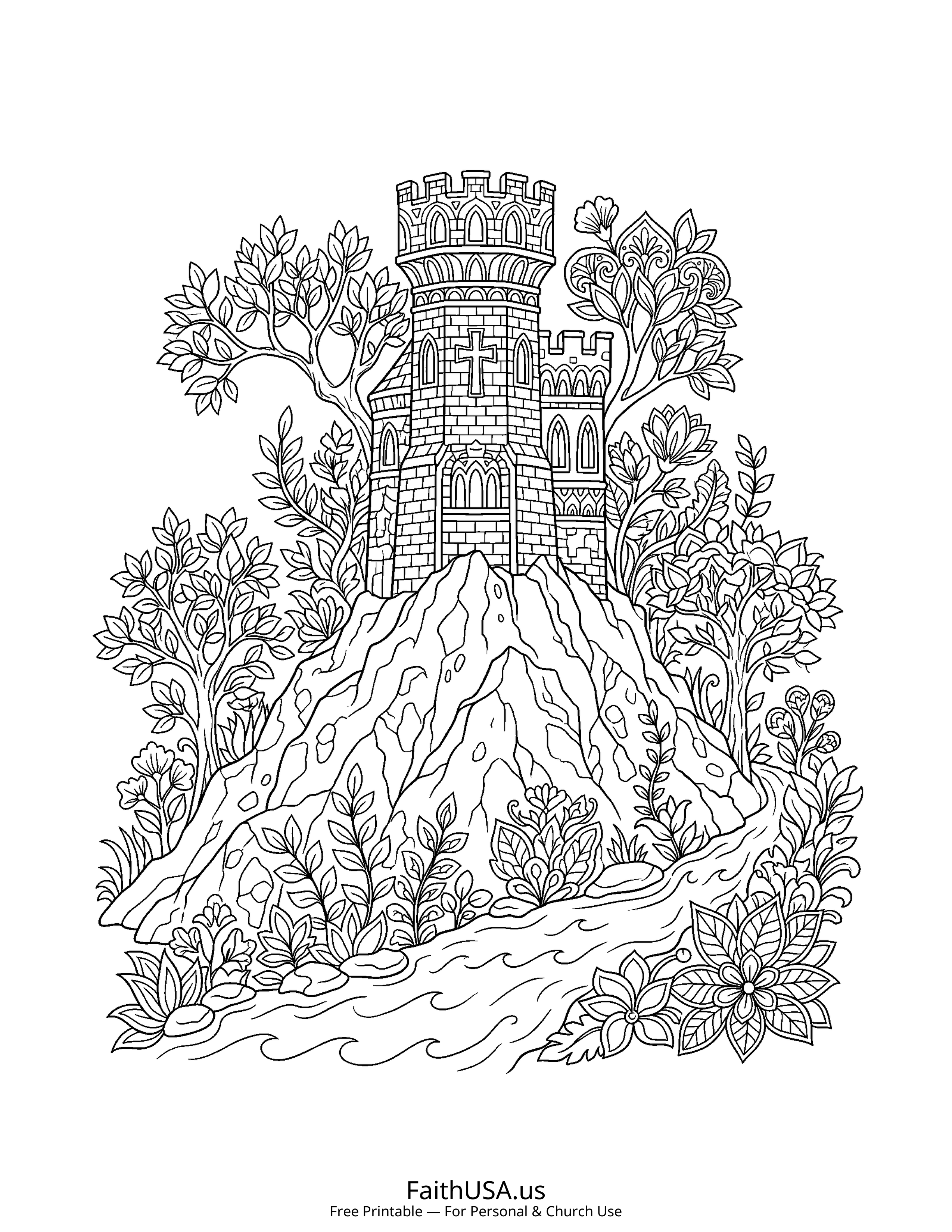 Psalm coloring page featuring Psalm 46: God Is Our Refuge in detailed black-and-white line art