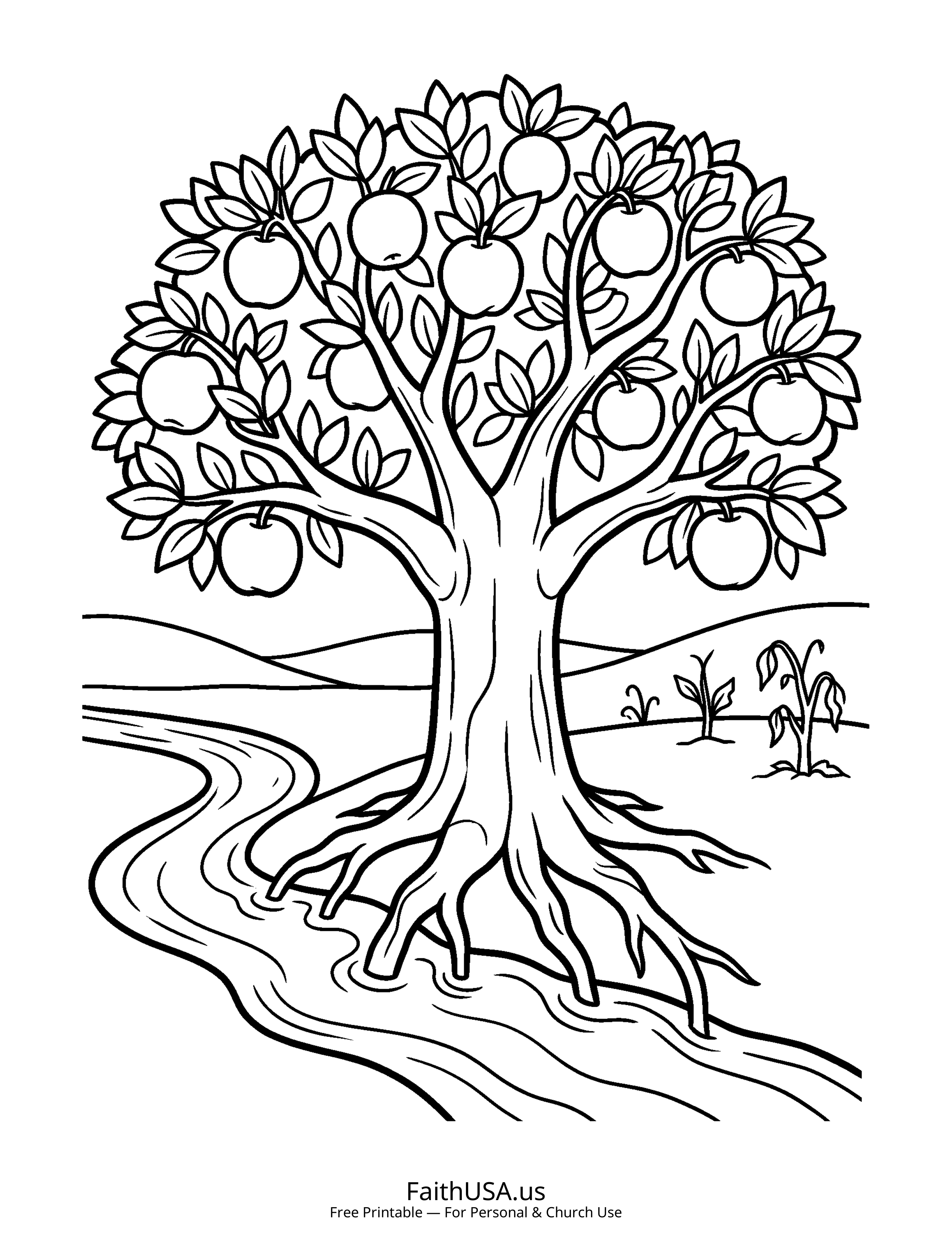 Psalm coloring page featuring Psalm 1: Tree Planted by Streams in simple black-and-white line art