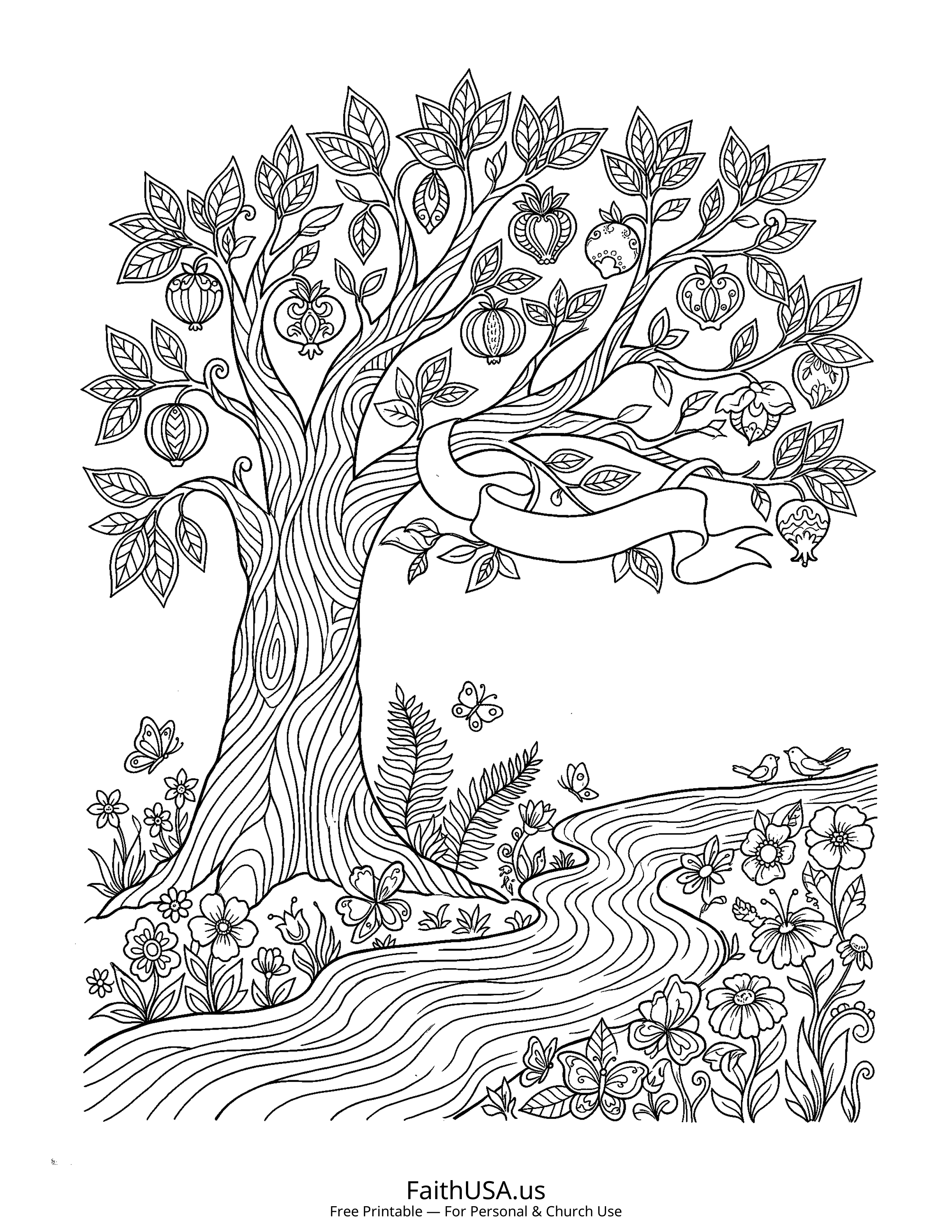 Psalm coloring page featuring Psalm 1: Tree Planted by Streams in detailed black-and-white line art