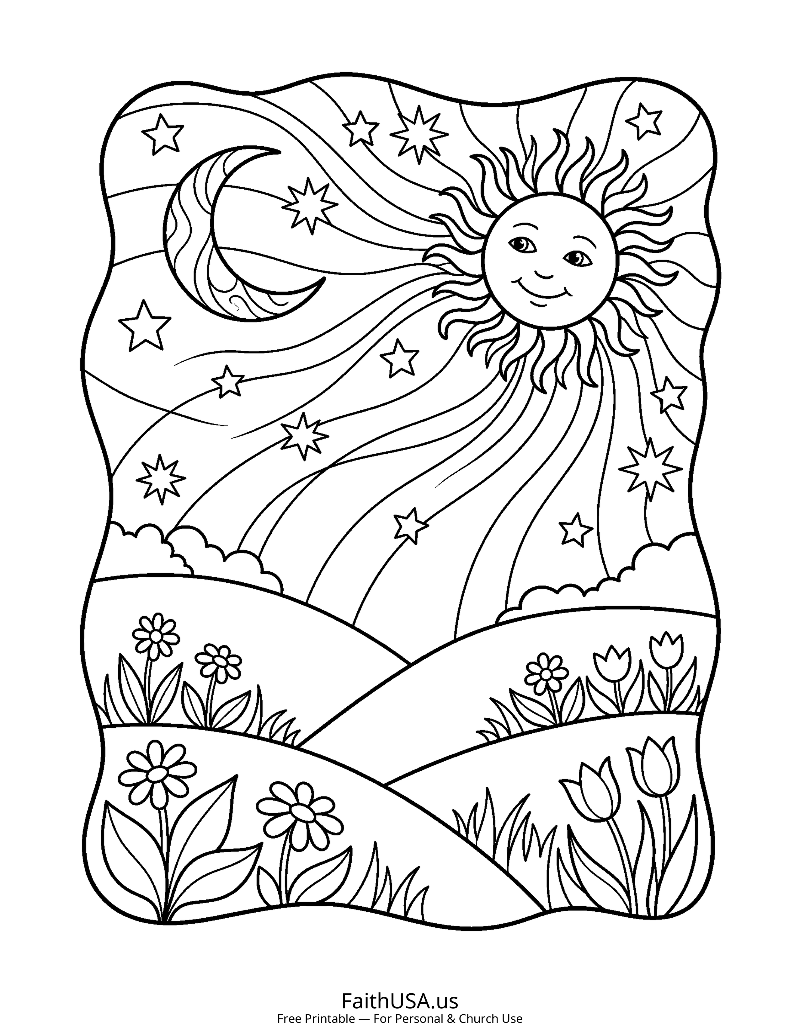 Psalm coloring page featuring Psalm 19: The Heavens Declare in simple black-and-white line art