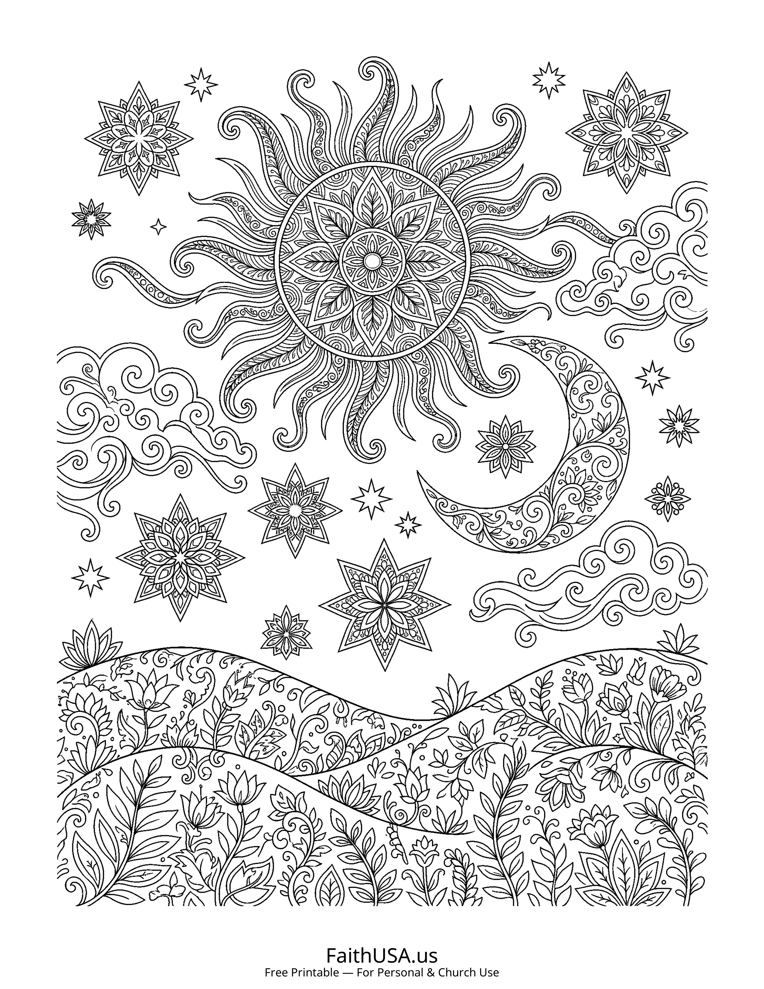 Psalm coloring page featuring Psalm 19: The Heavens Declare in detailed black-and-white line art