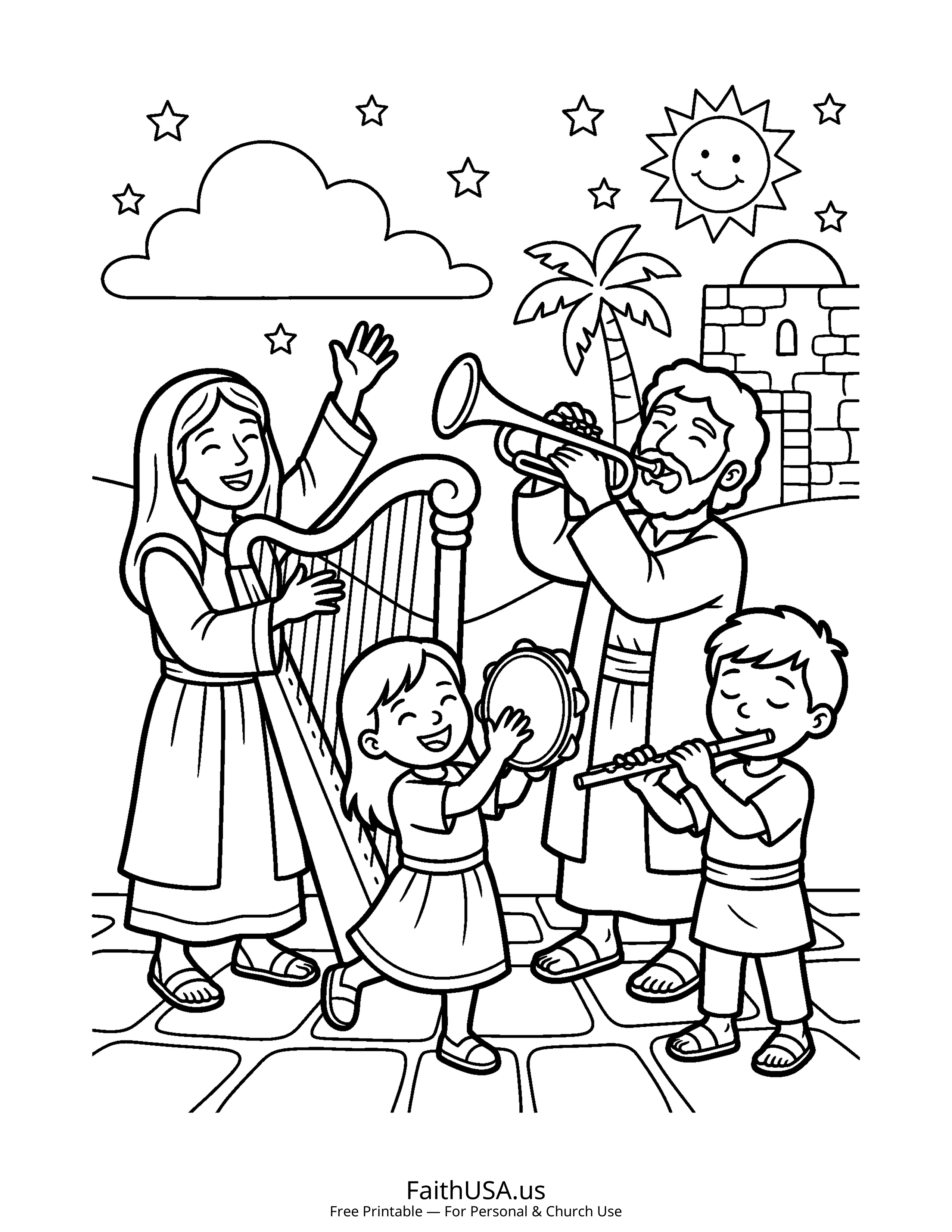 Psalm coloring page featuring Psalm 100: Make a Joyful Noise in simple black-and-white line art