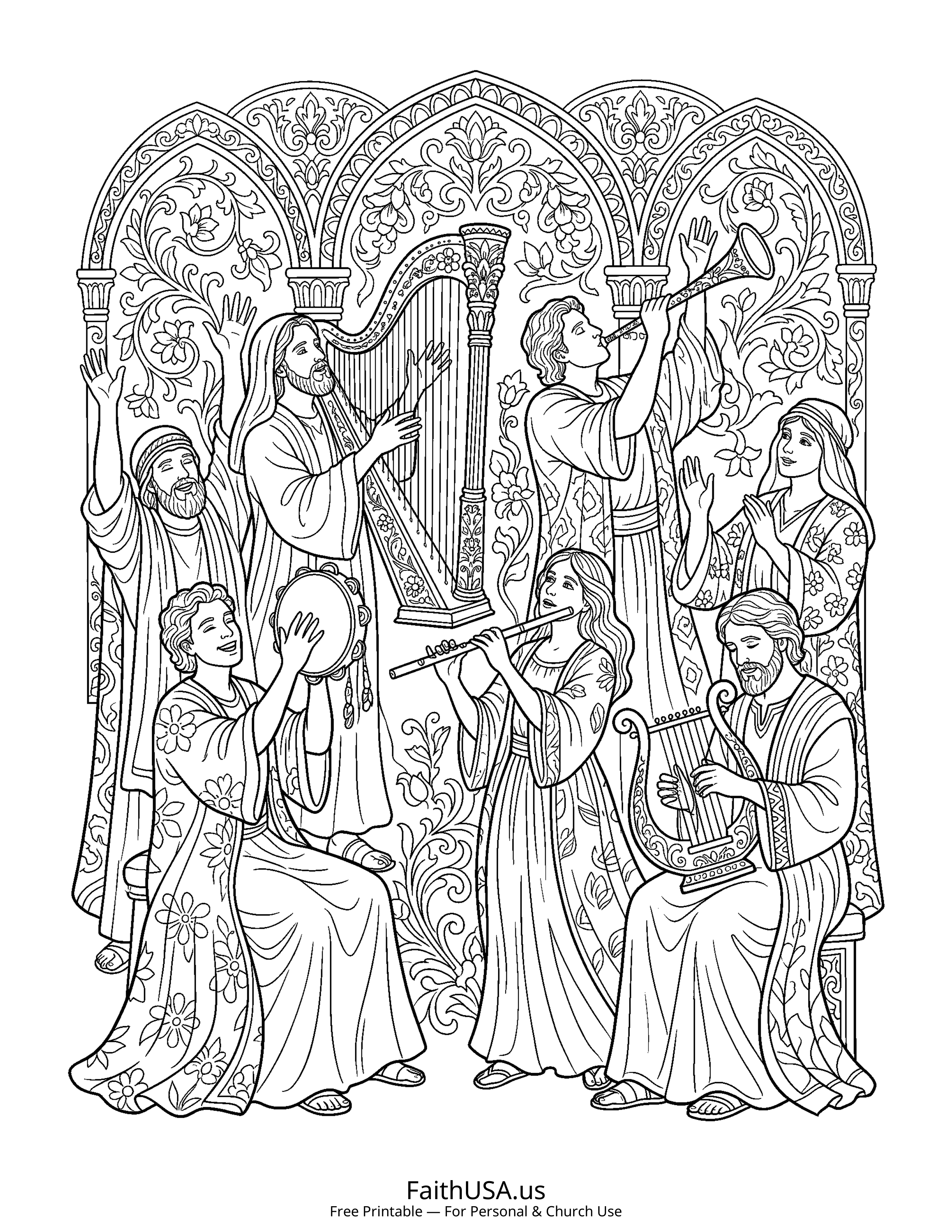 Psalm coloring page featuring Psalm 100: Make a Joyful Noise in detailed black-and-white line art
