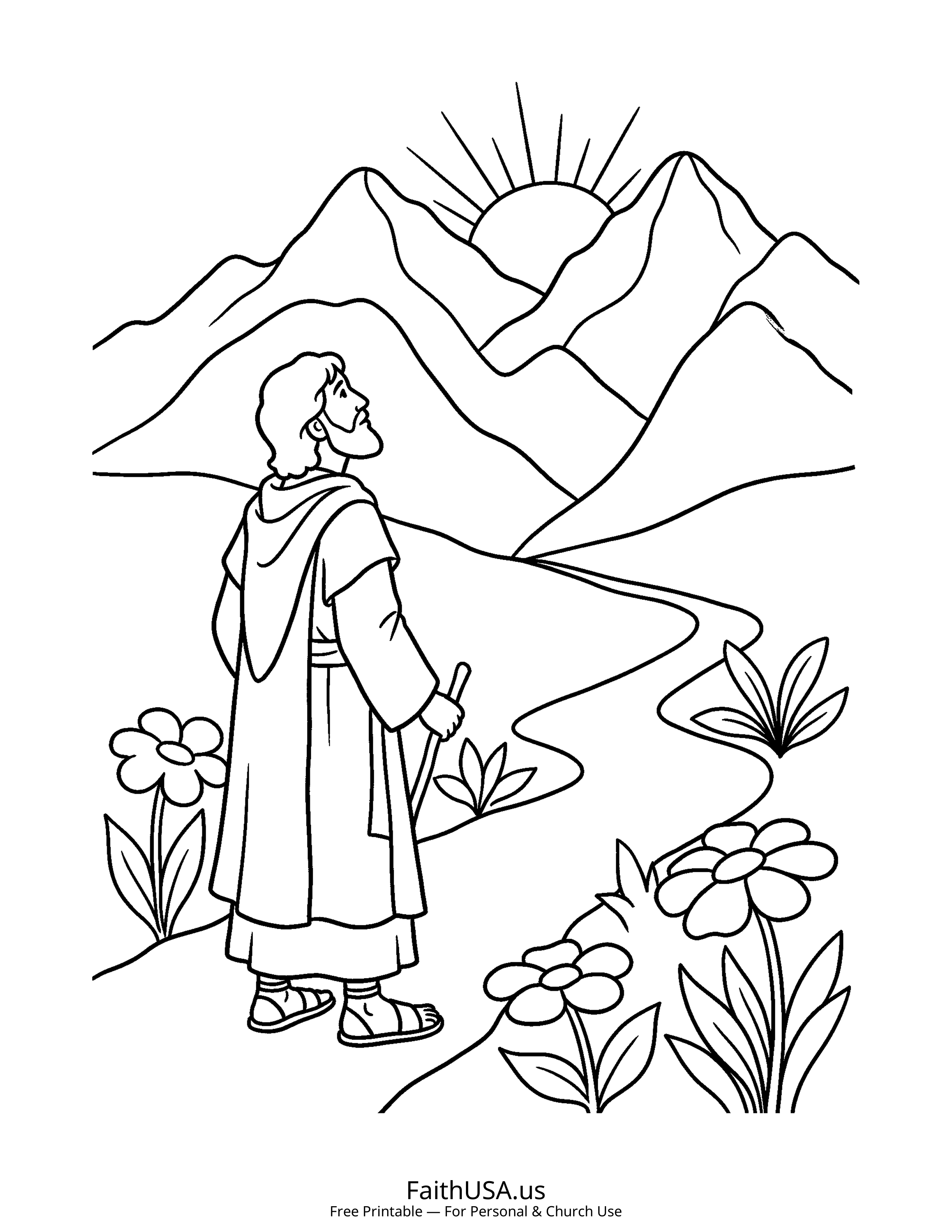Psalm coloring page featuring Psalm 121: I Lift My Eyes to the Hills in simple black-and-white line art