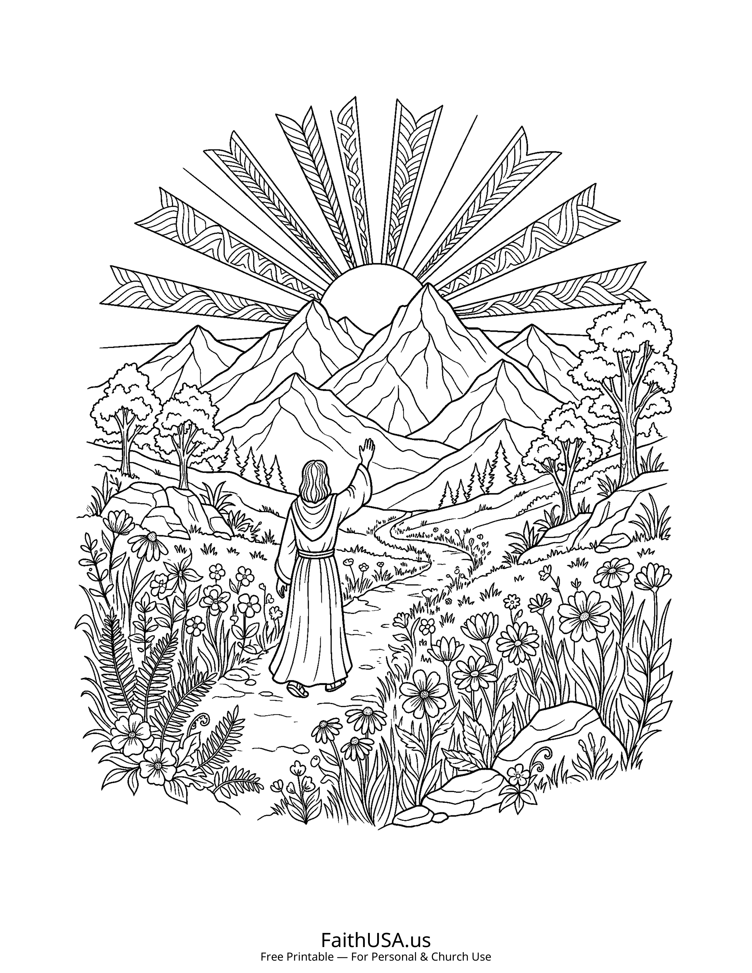 Psalm coloring page featuring Psalm 121: I Lift My Eyes to the Hills in detailed black-and-white line art