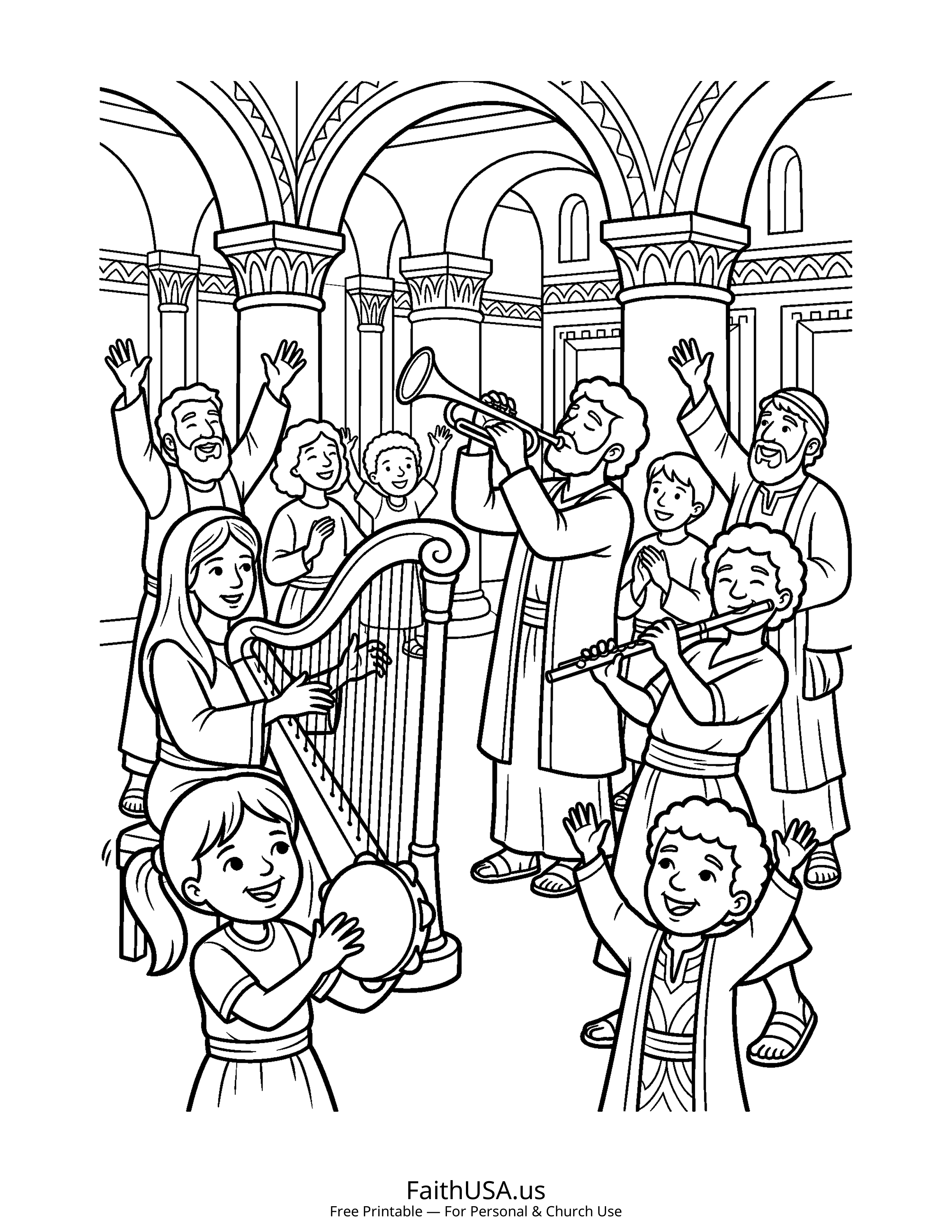 Psalm coloring page featuring Psalm 150: Praise Him with Instruments in simple black-and-white line art