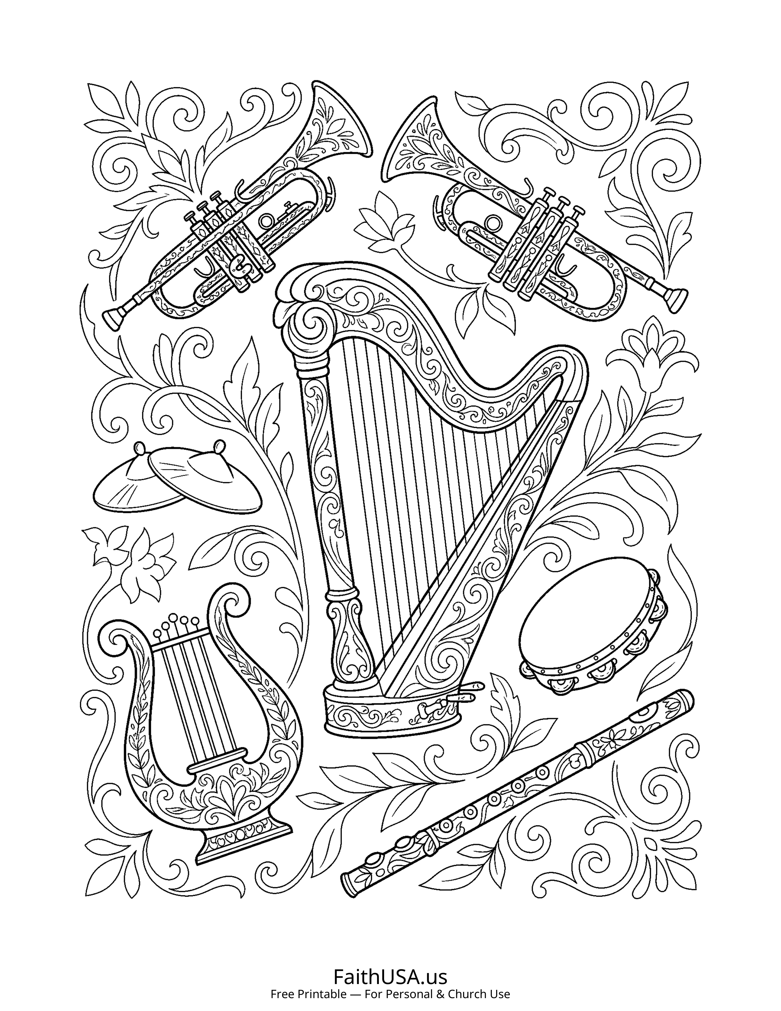 Psalm coloring page featuring Psalm 150: Praise Him with Instruments in detailed black-and-white line art