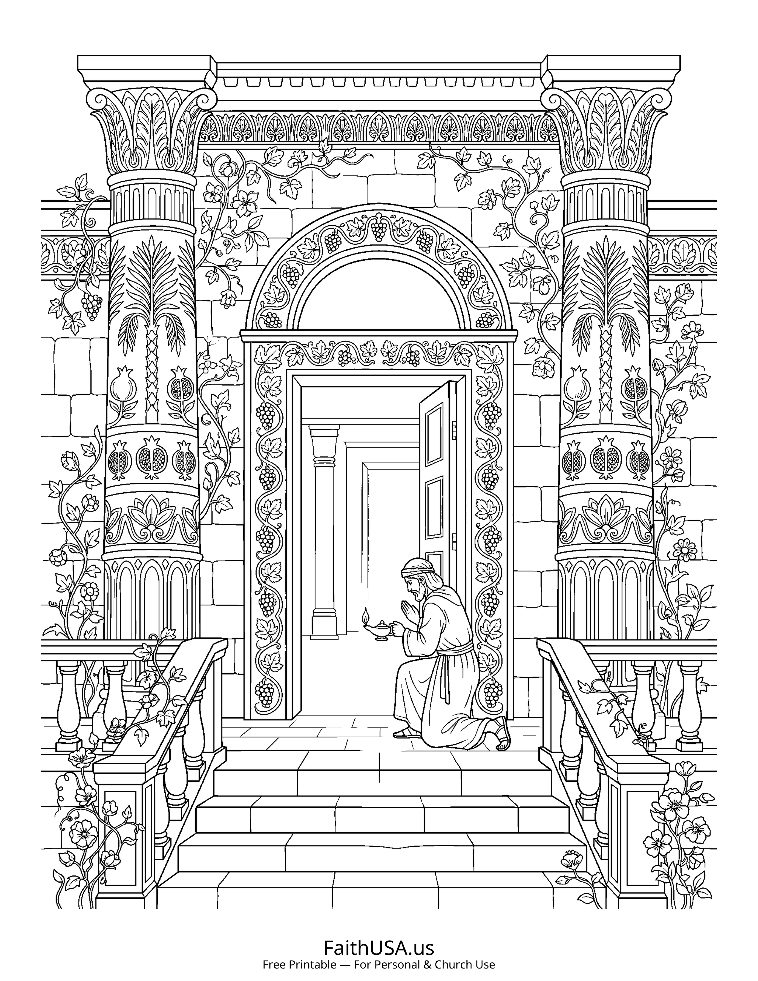 Psalm coloring page featuring Psalm 27: The Lord Is My Light in detailed black-and-white line art