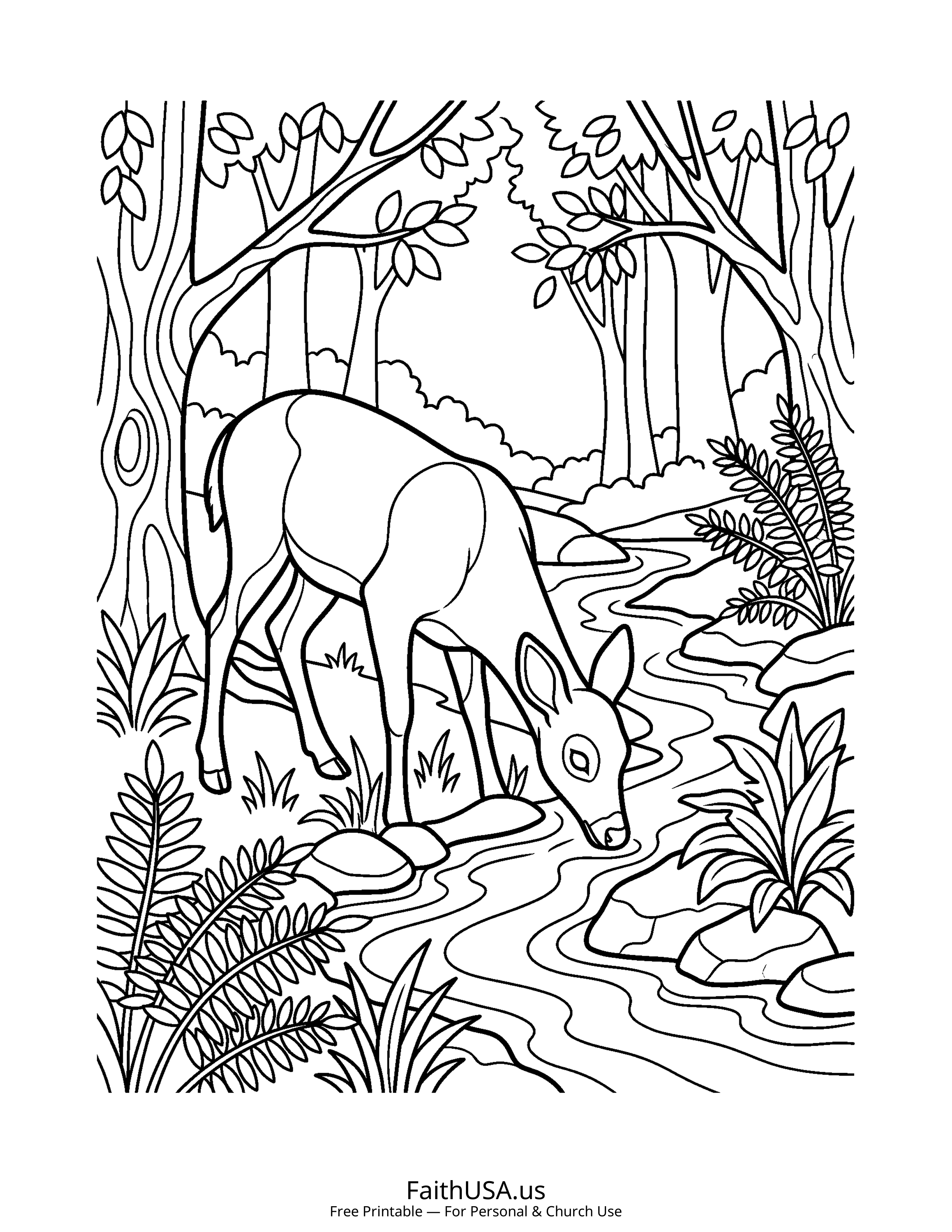 Psalm coloring page featuring Psalm 42: As the Deer Pants for Water in simple black-and-white line art
