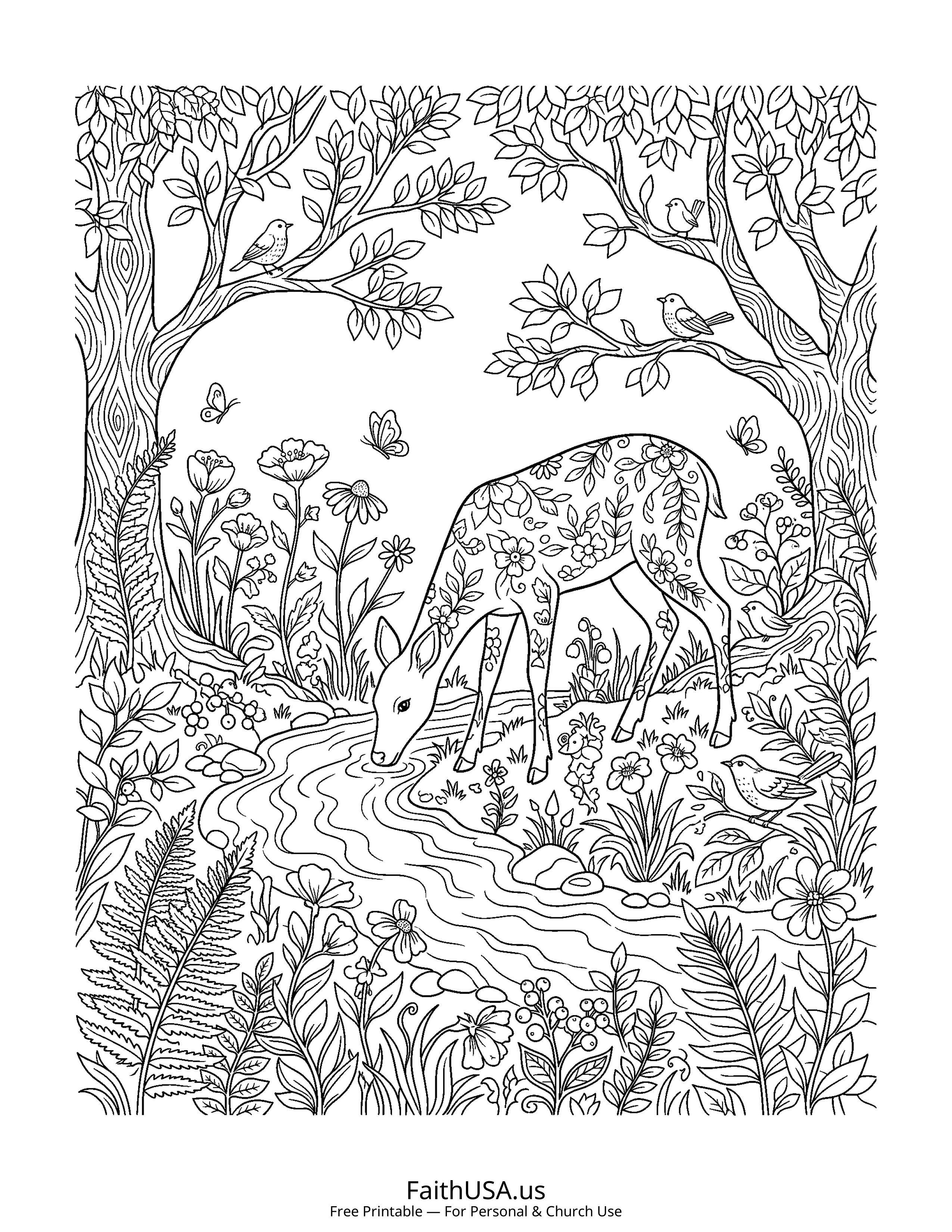 Psalm coloring page featuring Psalm 42: As the Deer Pants for Water in detailed black-and-white line art
