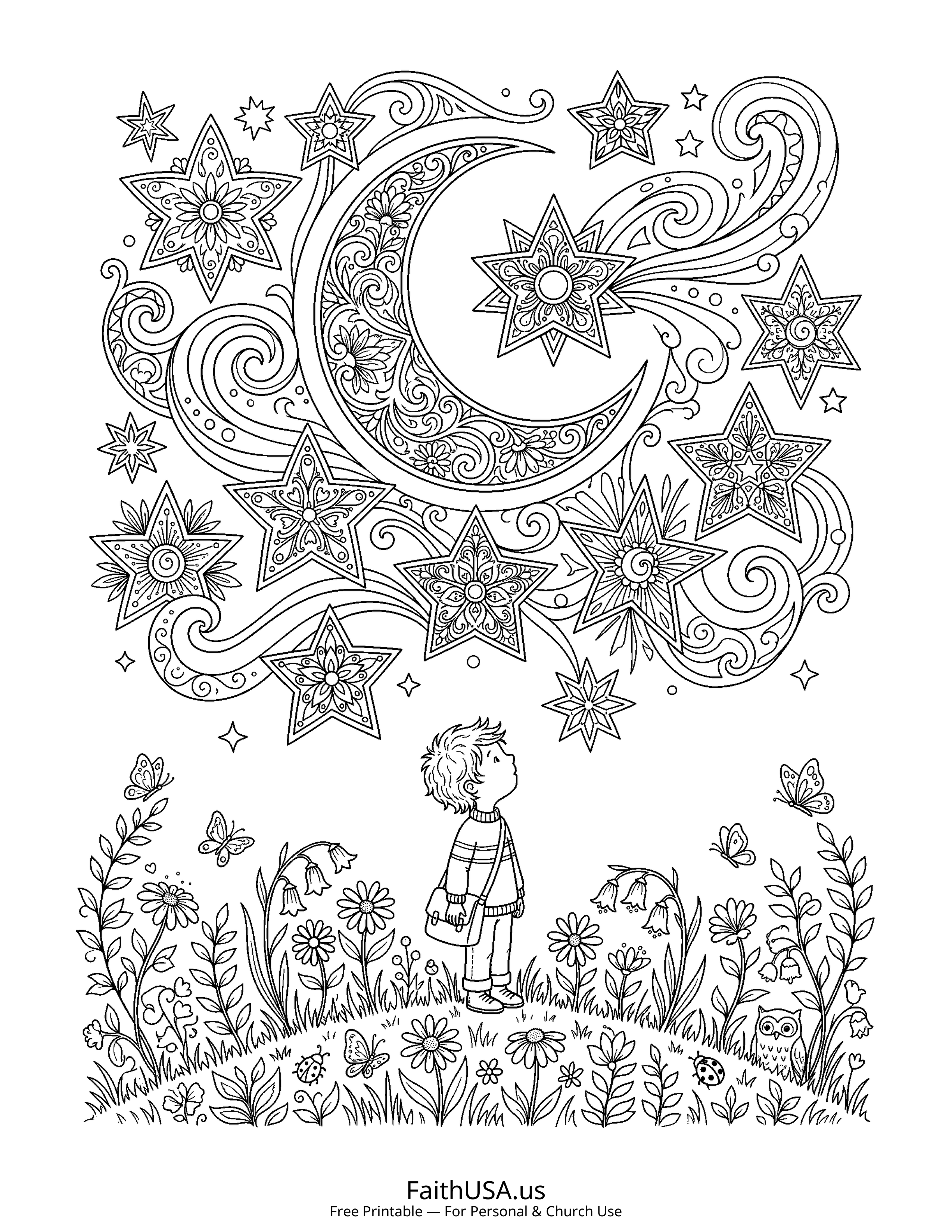 Psalm coloring page featuring Psalm 8: How Majestic Is Your Name in detailed black-and-white line art