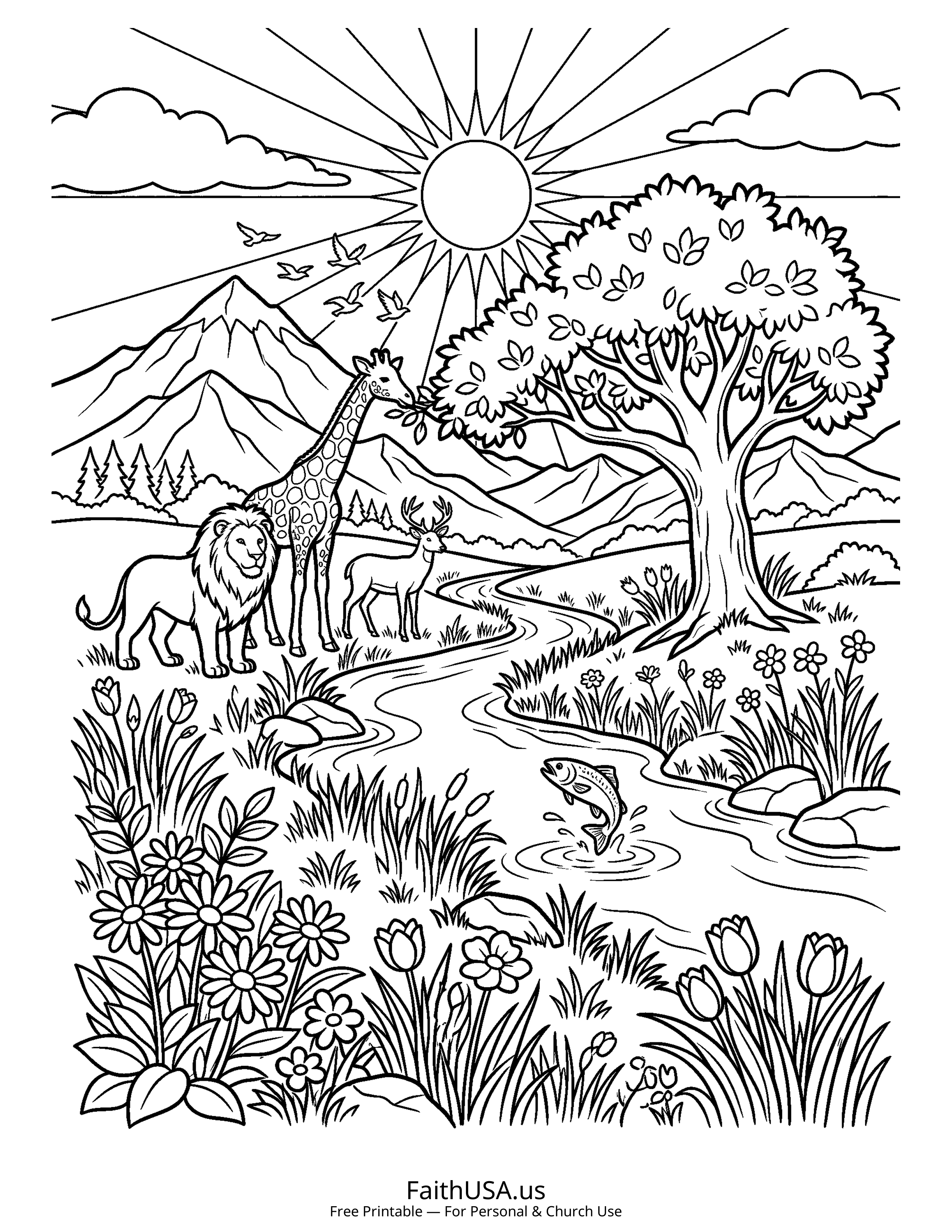 Psalm coloring page featuring Psalm 104: Creator of All Nature in simple black-and-white line art