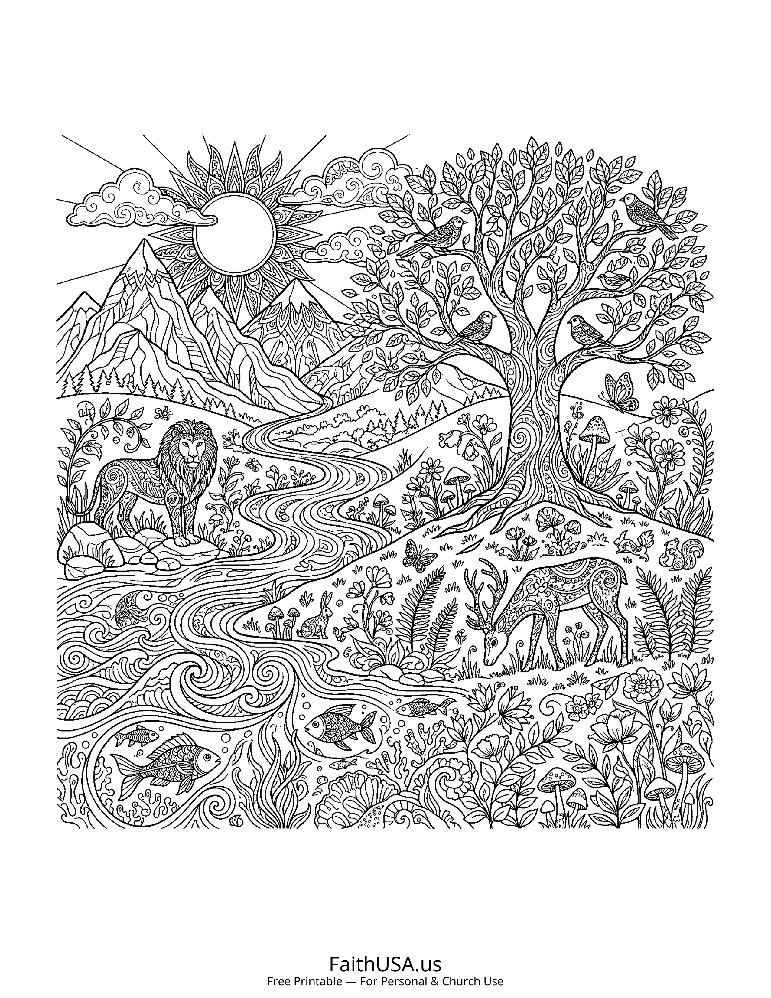 Psalm coloring page featuring Psalm 104: Creator of All Nature in detailed black-and-white line art