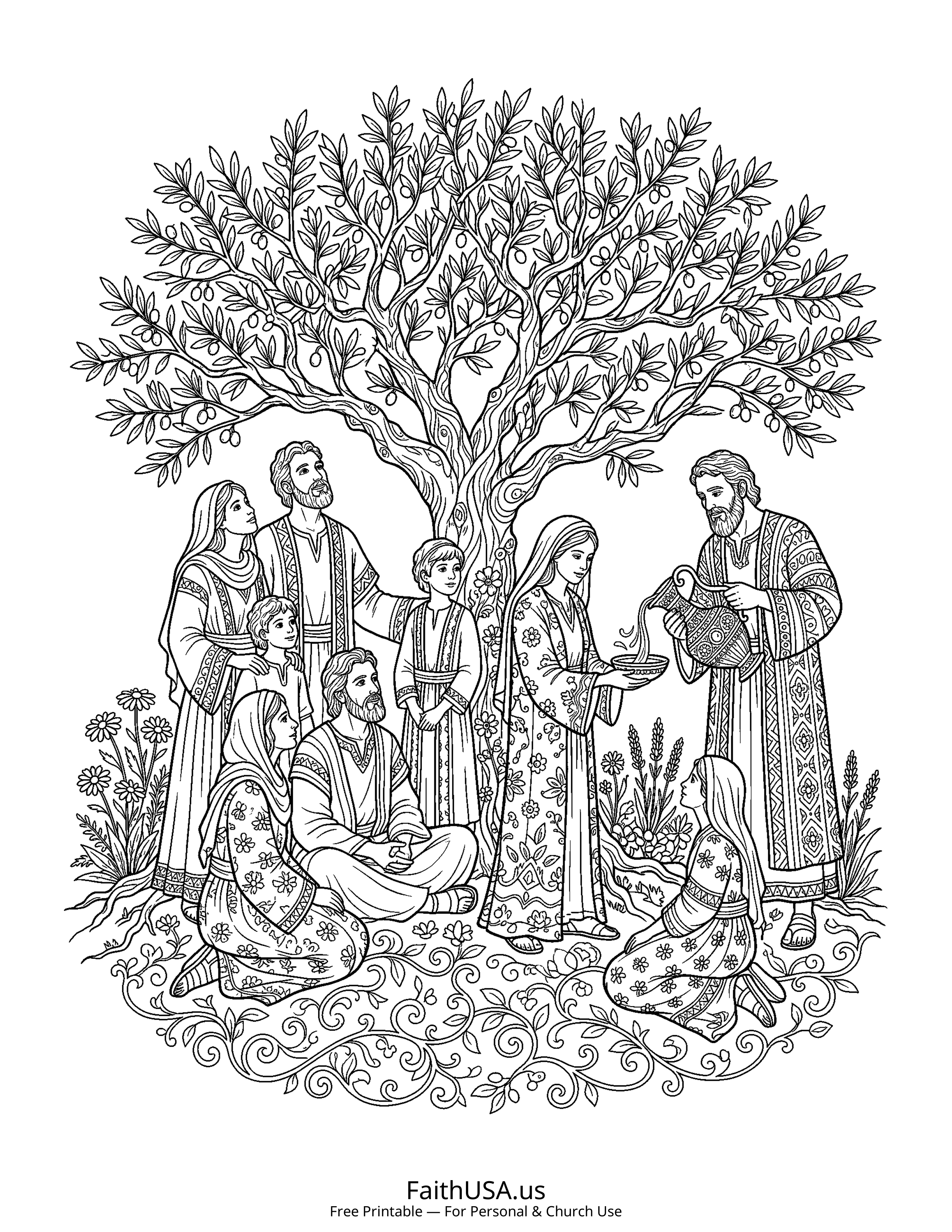 Psalm coloring page featuring Psalm 133: How Good and Pleasant in detailed black-and-white line art