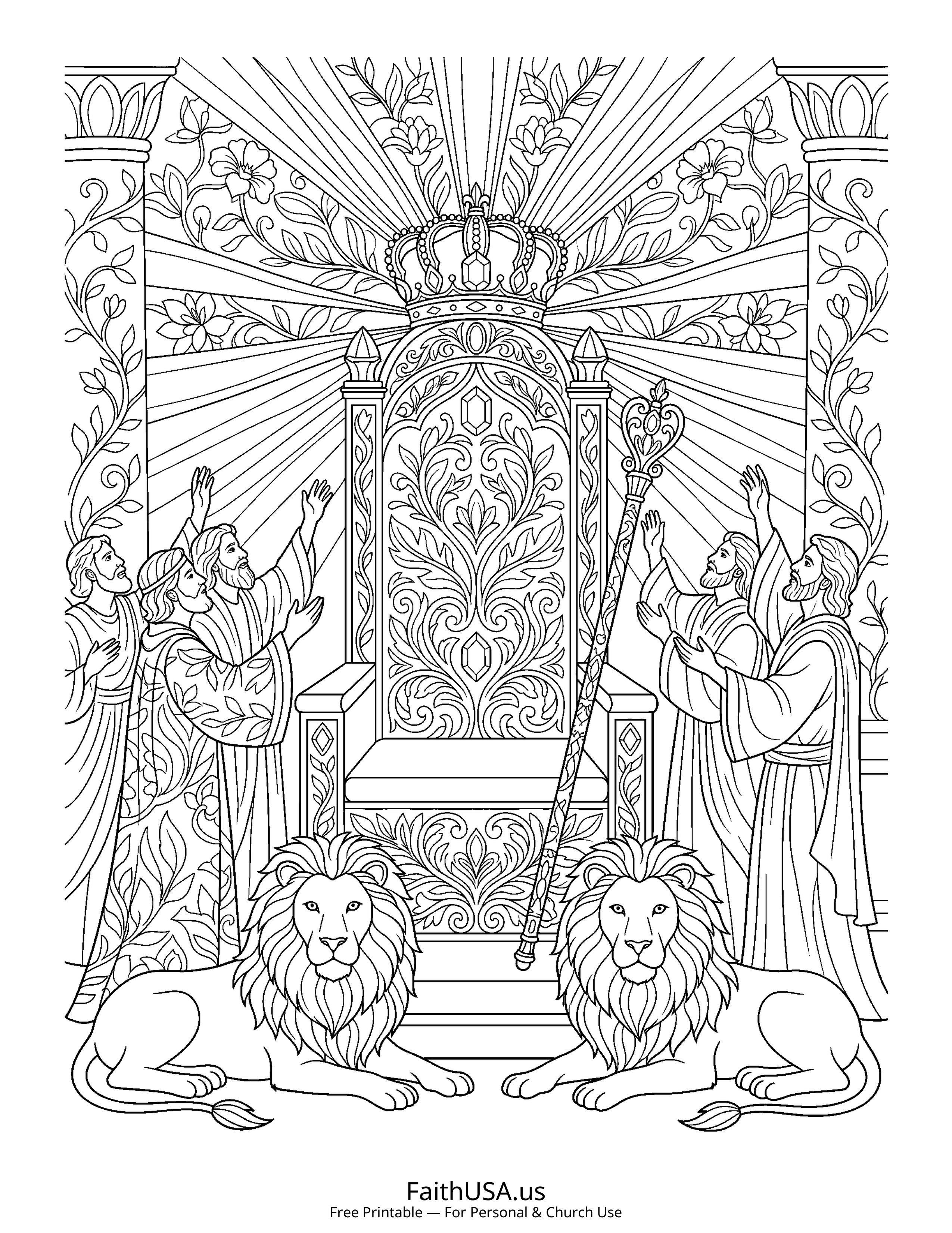 Psalm coloring page featuring Psalm 145: Great Is the Lord in detailed black-and-white line art