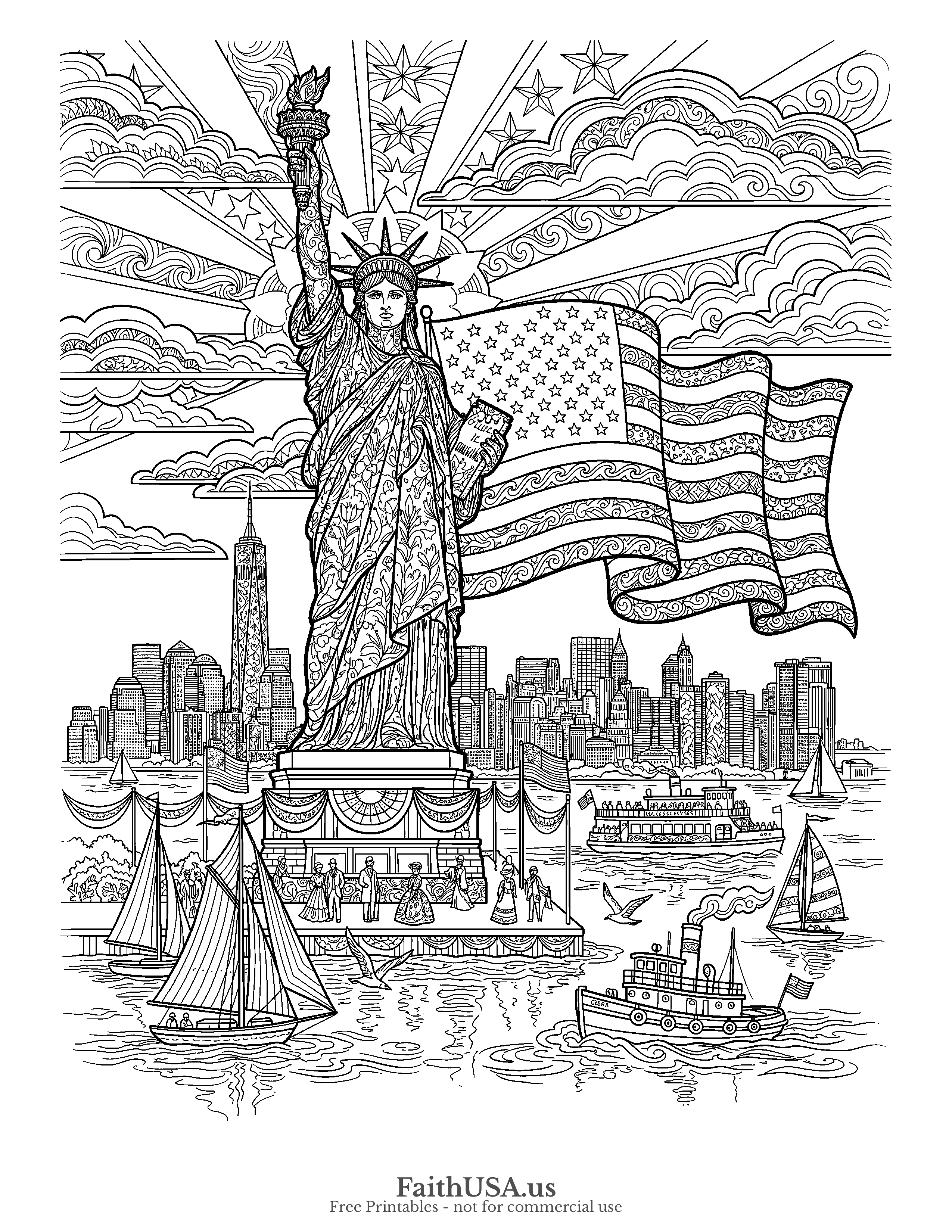 Free printable detailed Statue of Liberty with American flag coloring page PDF for Fourth of July, Flag Day, and American symbols lessons