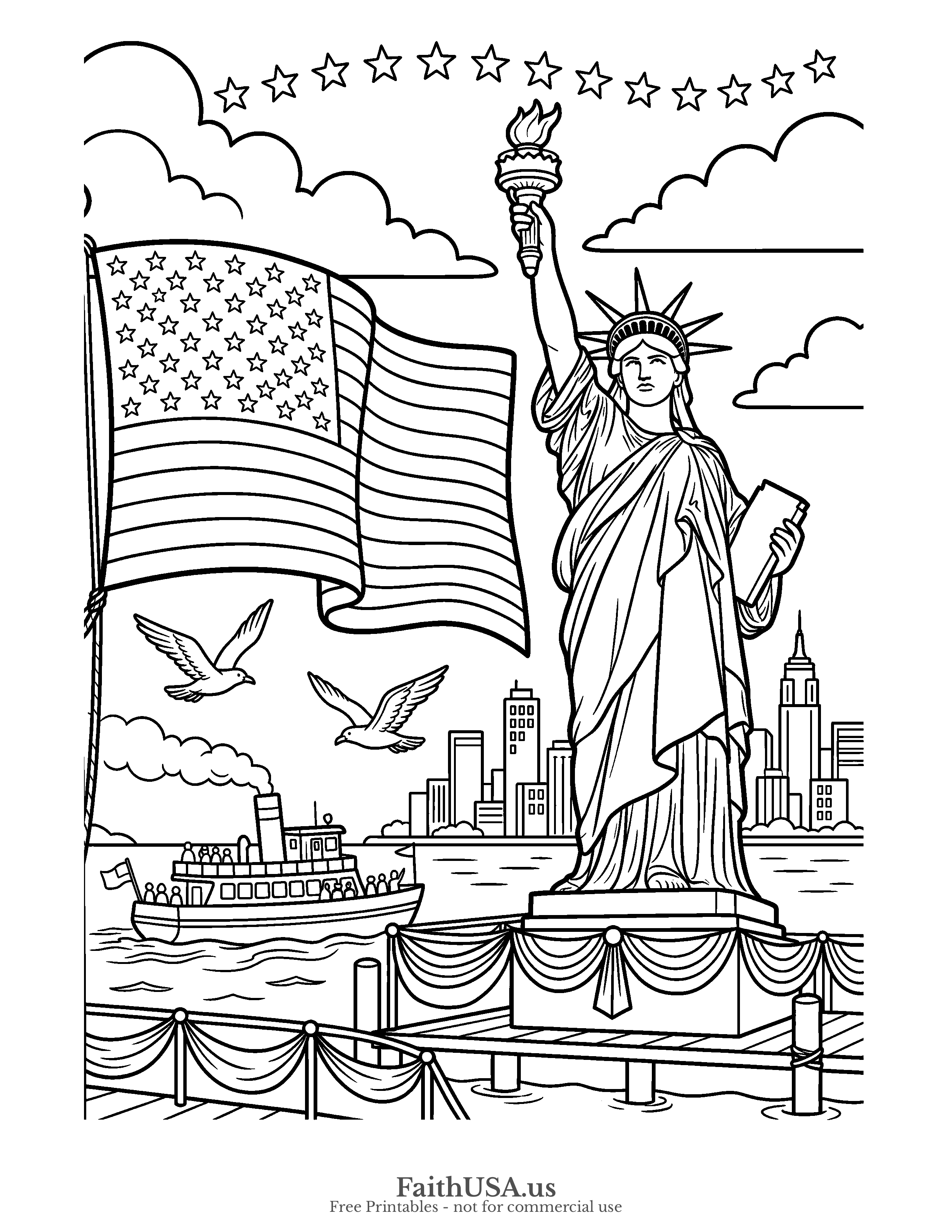 Free printable simple Statue of Liberty with American flag coloring page PDF for Fourth of July, Flag Day, and American symbols lessons