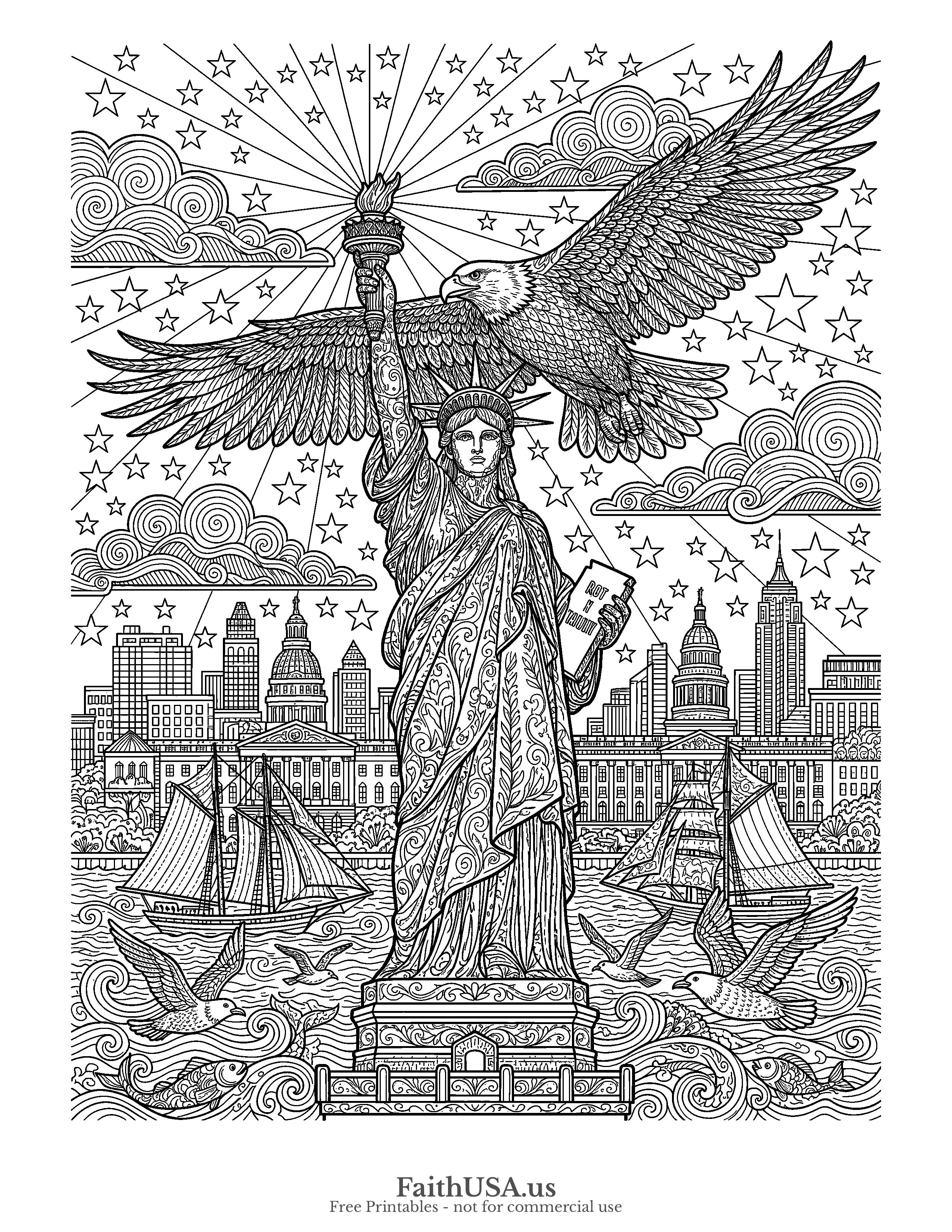Free printable detailed the Statue of Liberty paired with a soaring American bald eagle coloring page, black-and-white line art