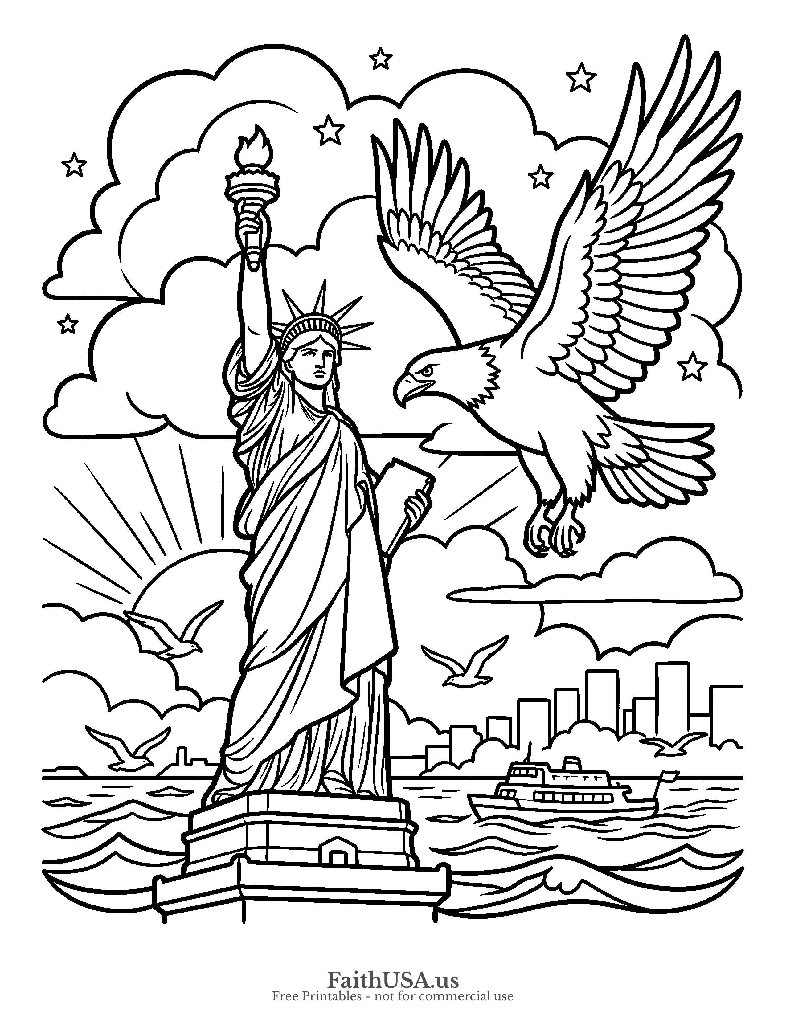 Free printable simple the Statue of Liberty paired with a soaring American bald eagle coloring page, black-and-white line art