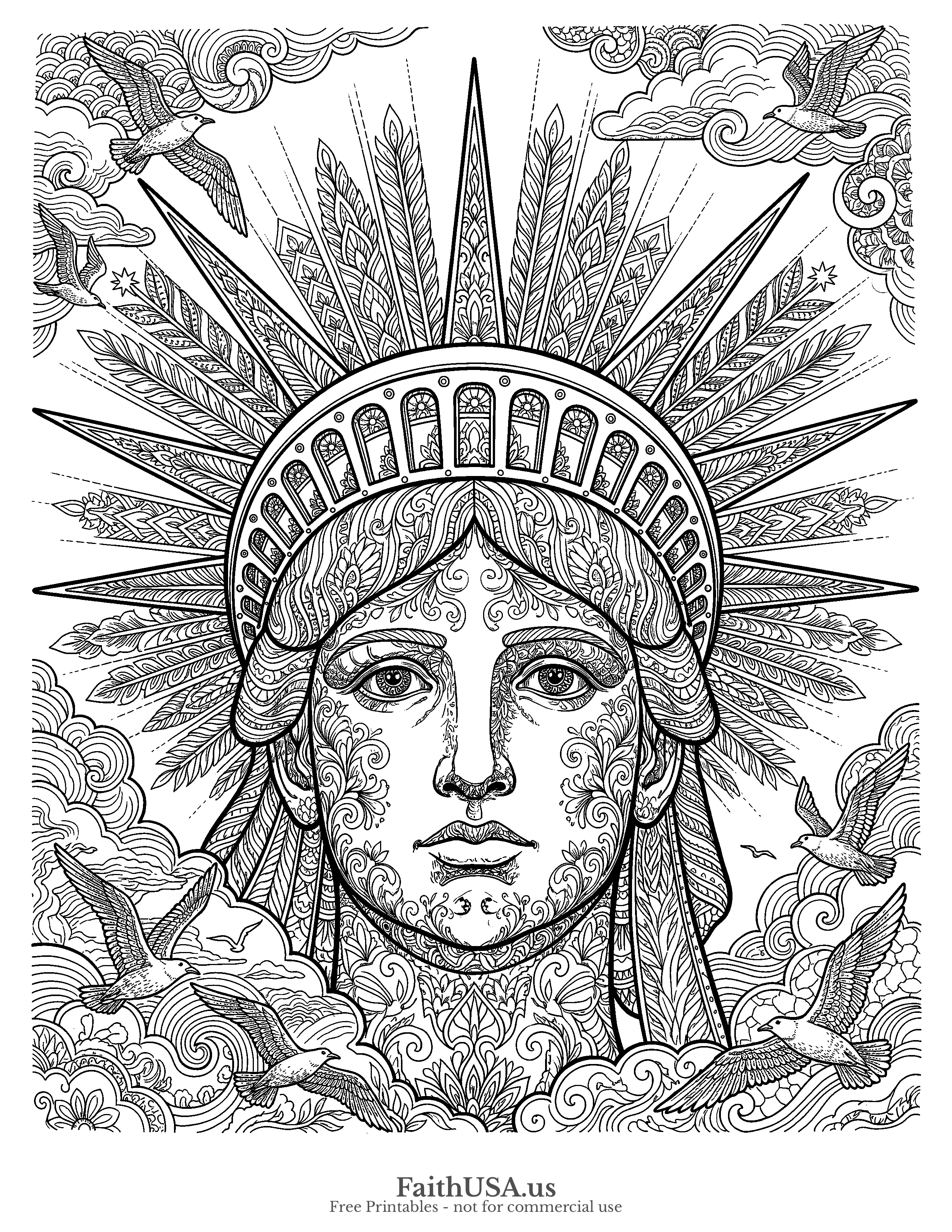 Free printable detailed Statue of Liberty crown coloring page PDF for American symbols, civics, and Independence Day lessons