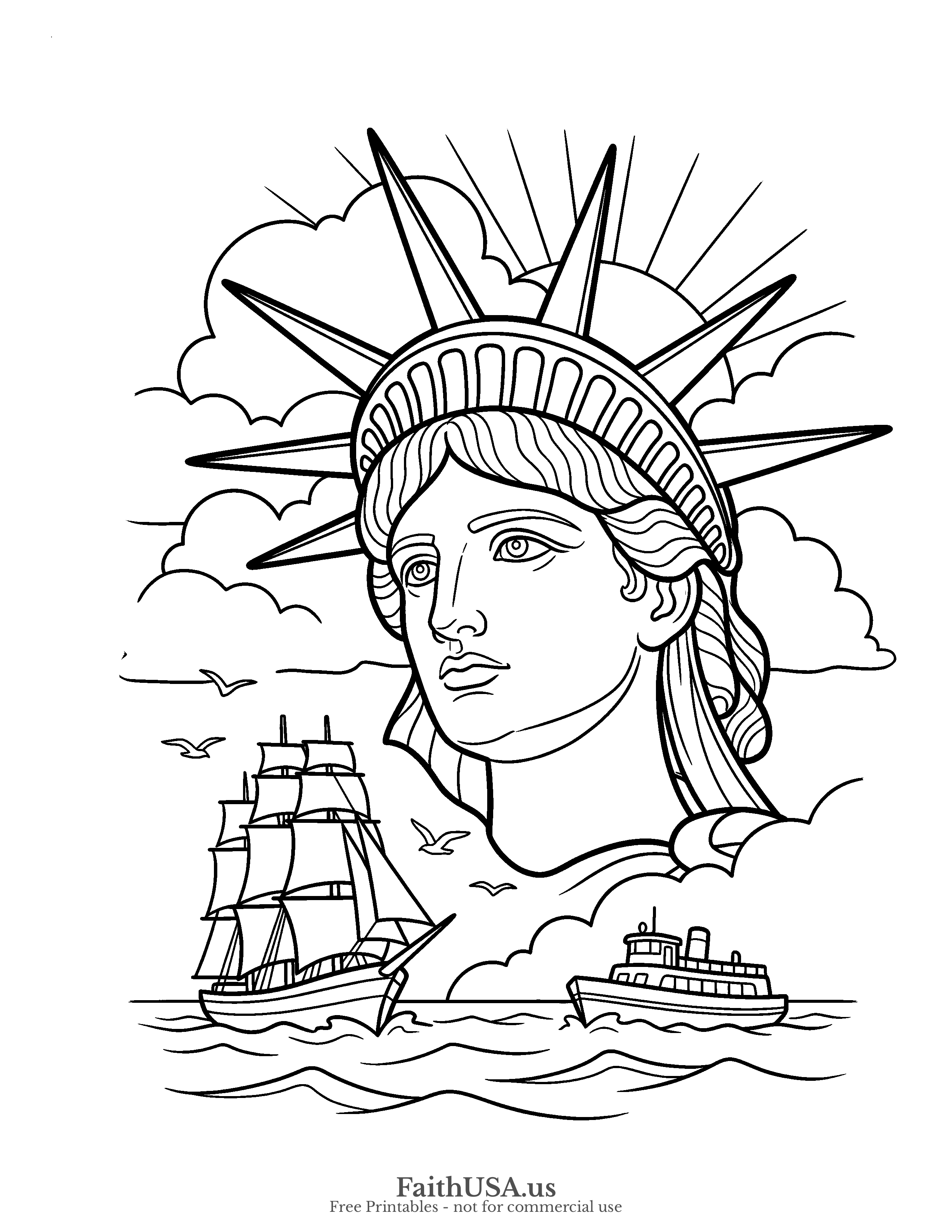 Free printable simple Statue of Liberty crown coloring page PDF for American symbols, civics, and Independence Day lessons