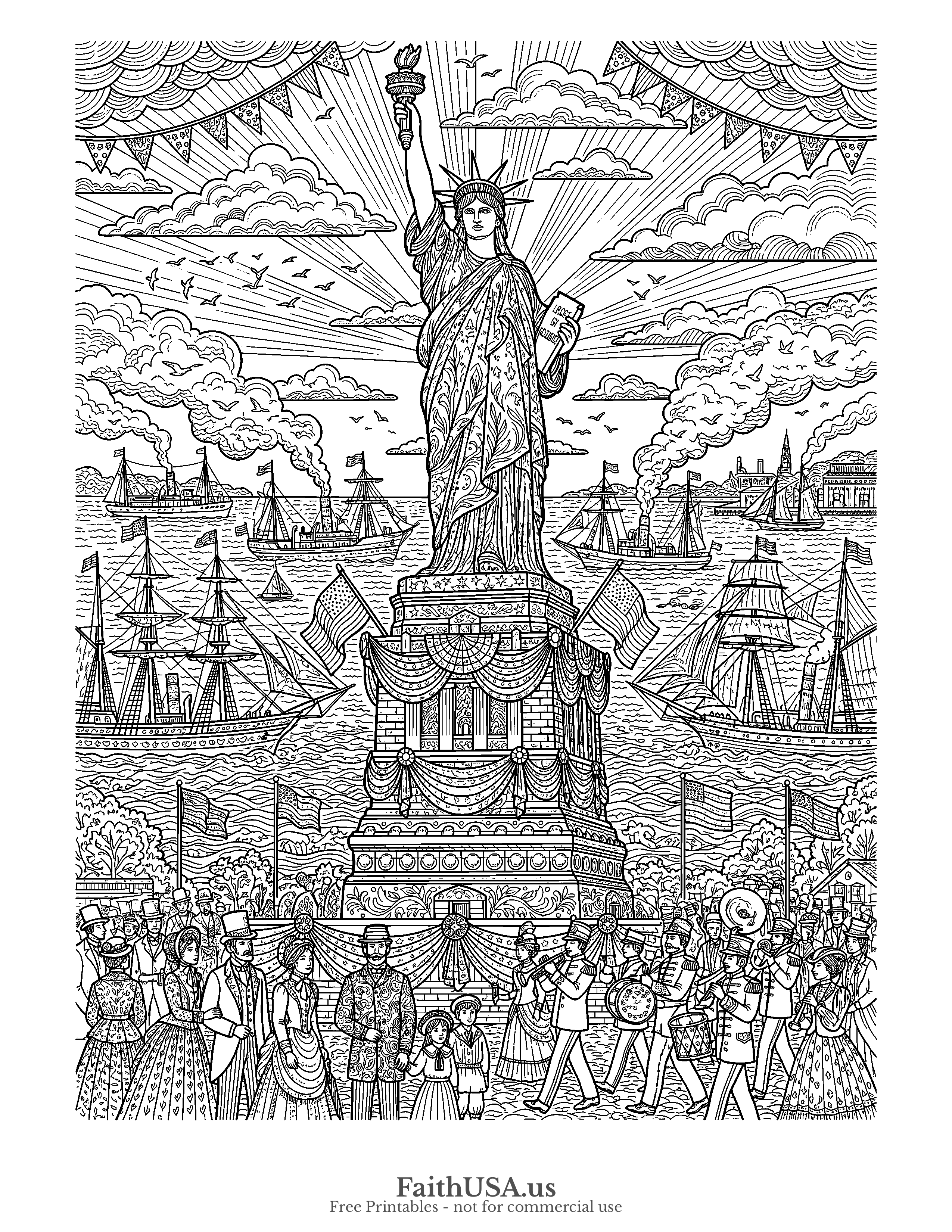 Free printable detailed the 1886 dedication day of the Statue of Liberty with period flags, bunting, crowds, and harbor ships coloring page, black-and-white line art