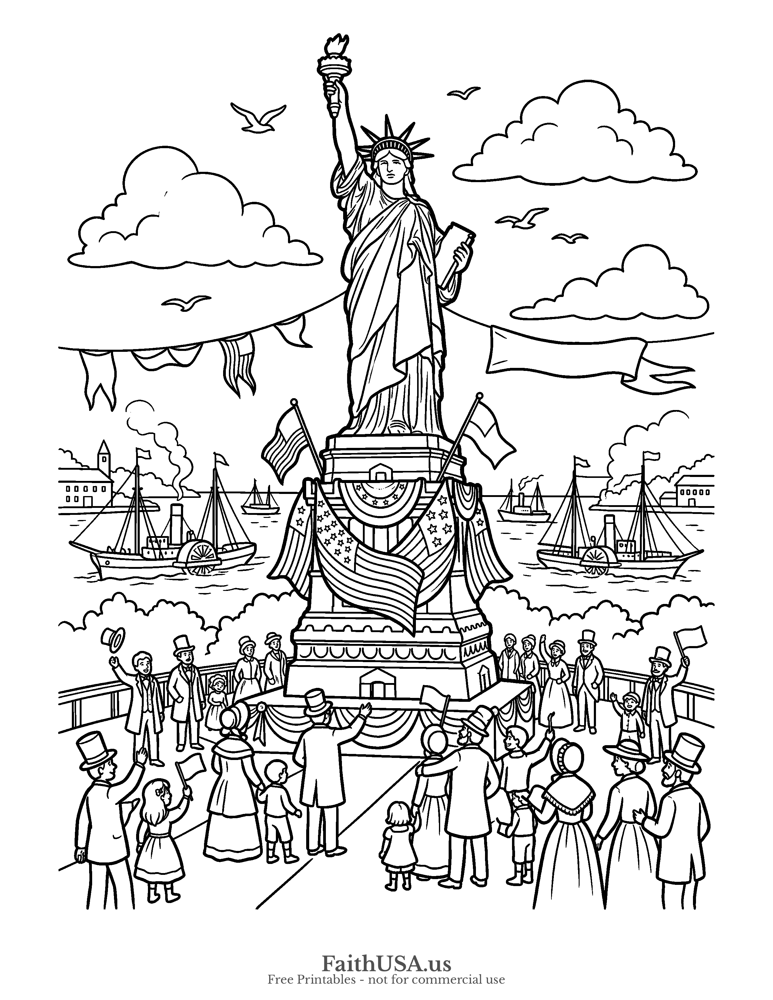 Free printable simple the 1886 dedication day of the Statue of Liberty with period flags, bunting, crowds, and harbor ships coloring page, black-and-white line art