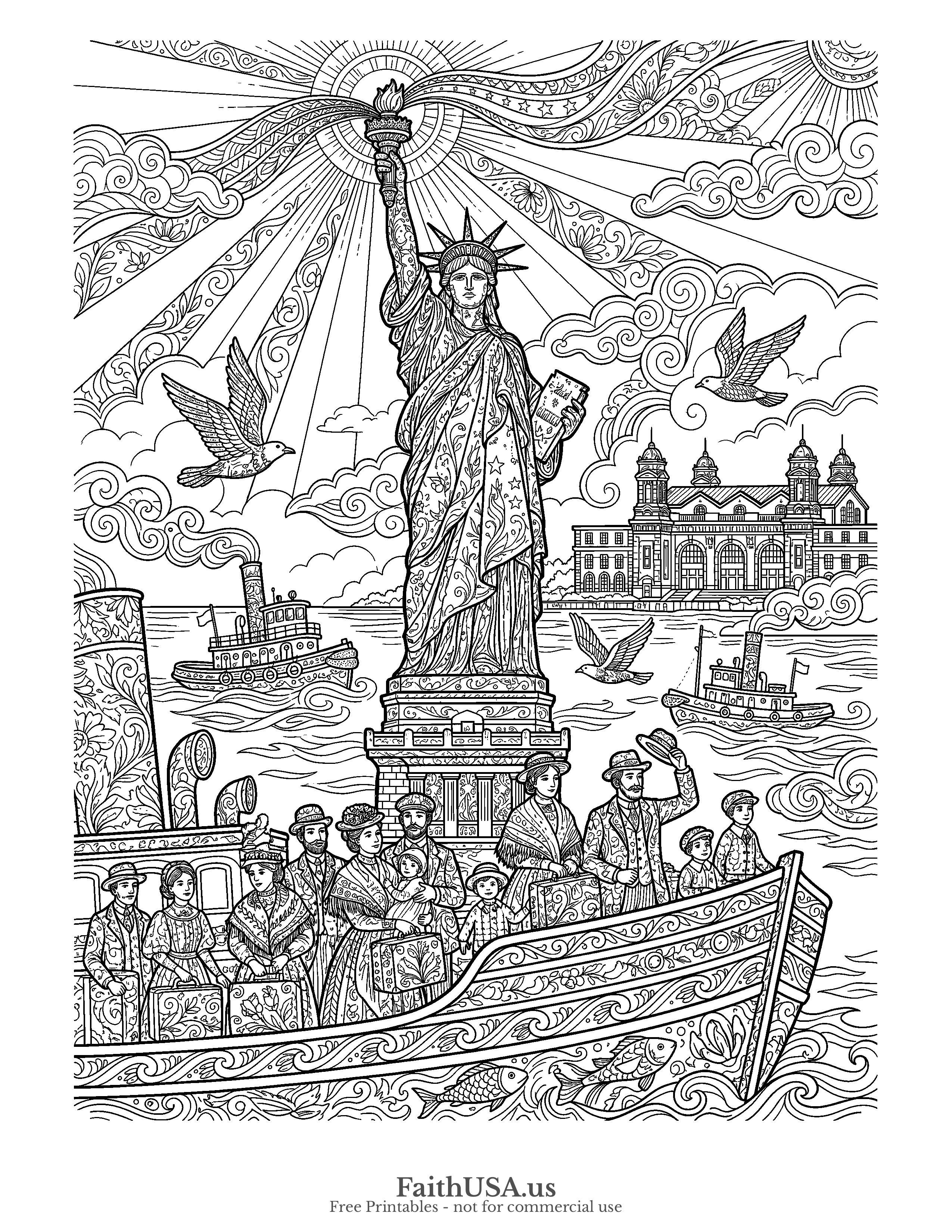 Free printable detailed immigrant families arriving by steamship past the Statue of Liberty at Ellis Island (Matthew 25:35, welcoming the stranger) coloring page, black-and-white line art