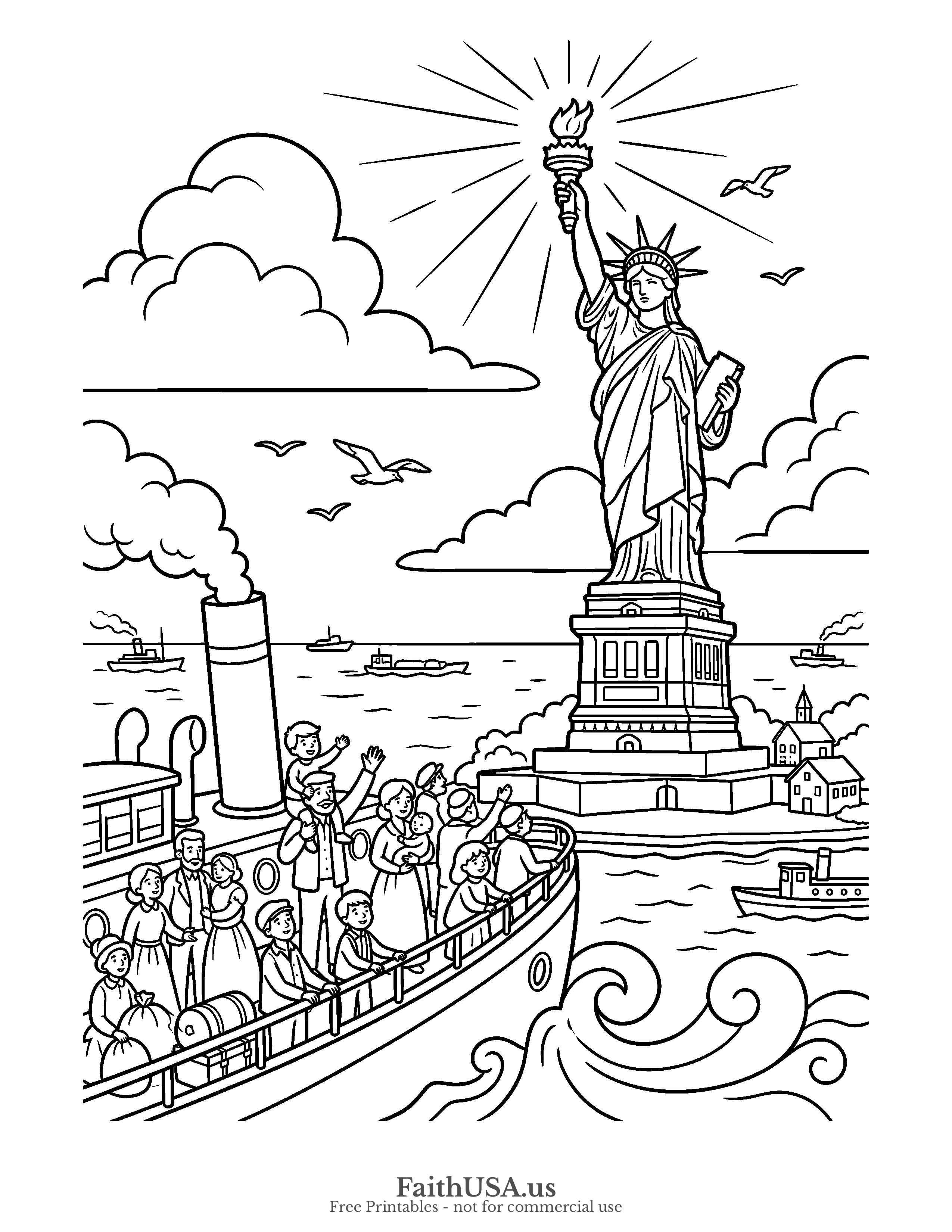 Free printable simple immigrant families arriving by steamship past the Statue of Liberty at Ellis Island (Matthew 25:35, welcoming the stranger) coloring page, black-and-white line art