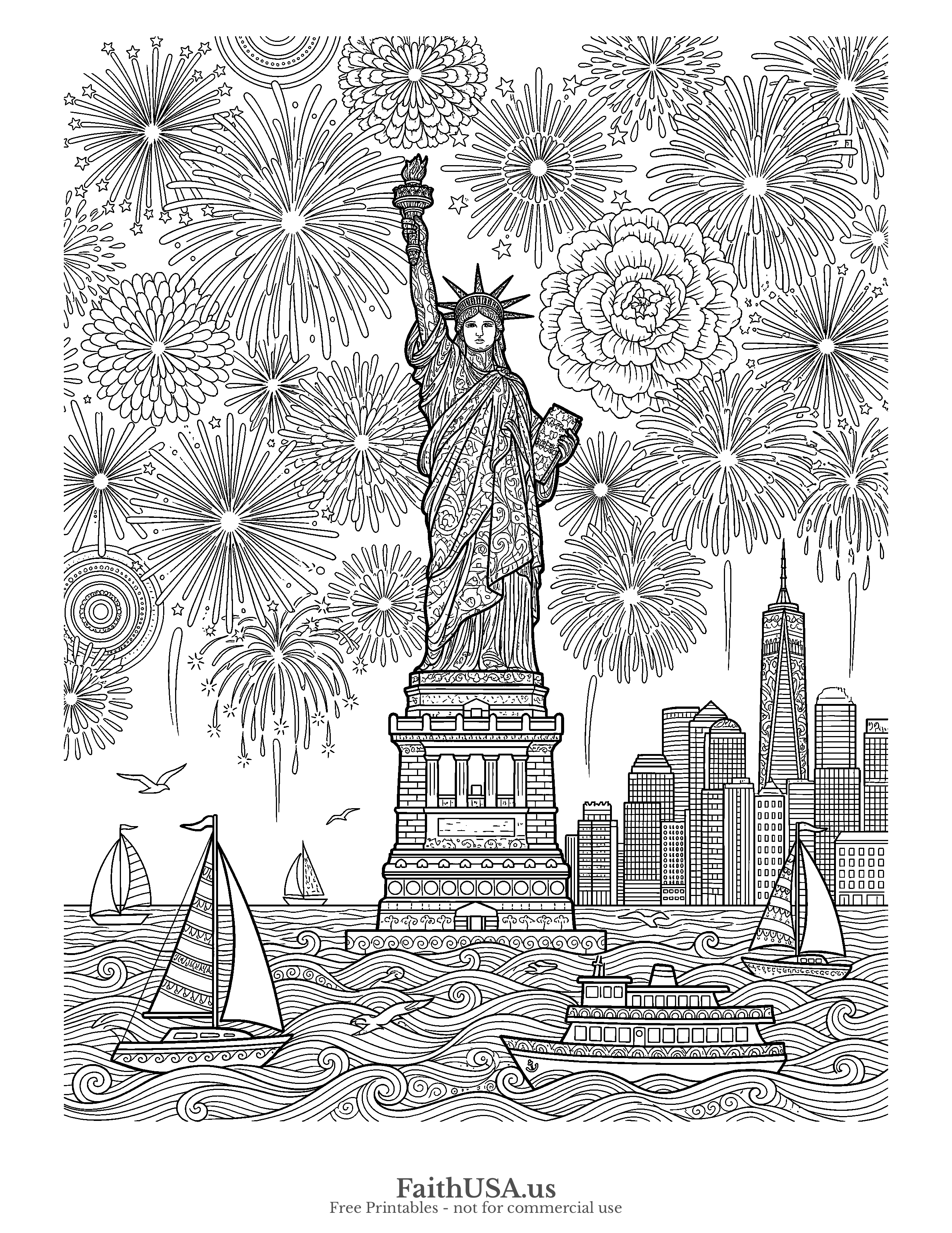 Free printable detailed Statue of Liberty with fireworks coloring page PDF for Fourth of July, Independence Day, and summer history activities