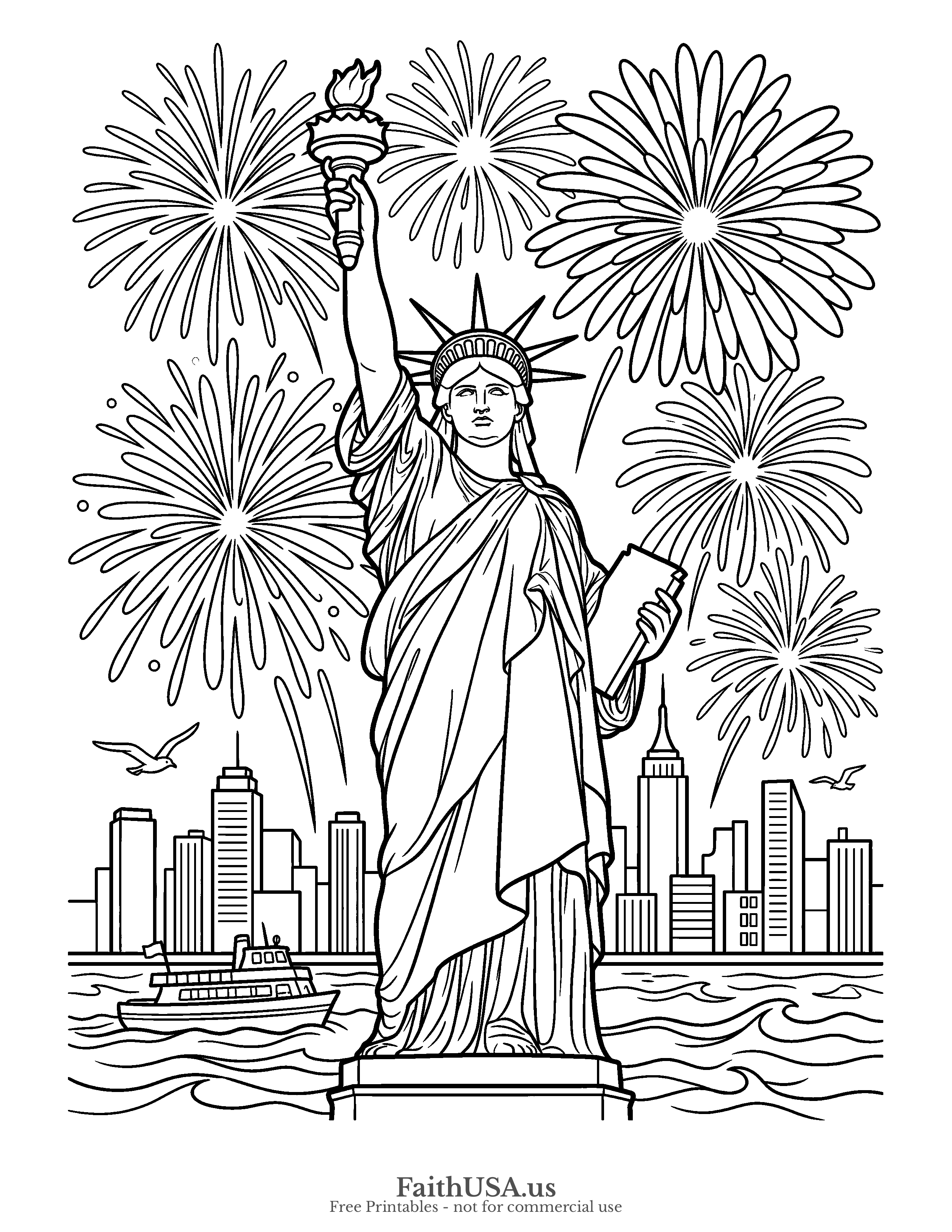 Free printable simple Statue of Liberty with fireworks coloring page PDF for Fourth of July, Independence Day, and summer history activities