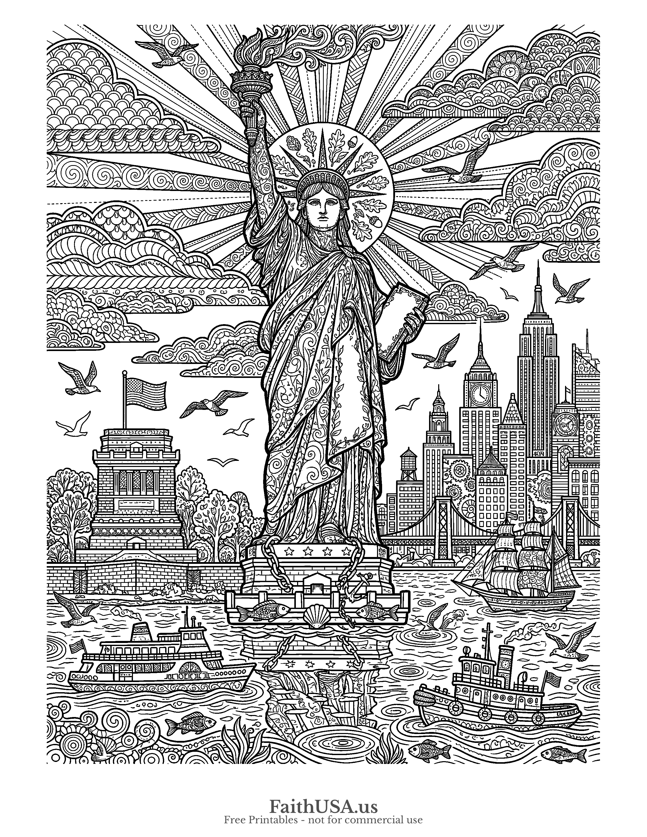 Free printable detailed full Statue of Liberty coloring page PDF for older students, adults, American history, and civics lessons