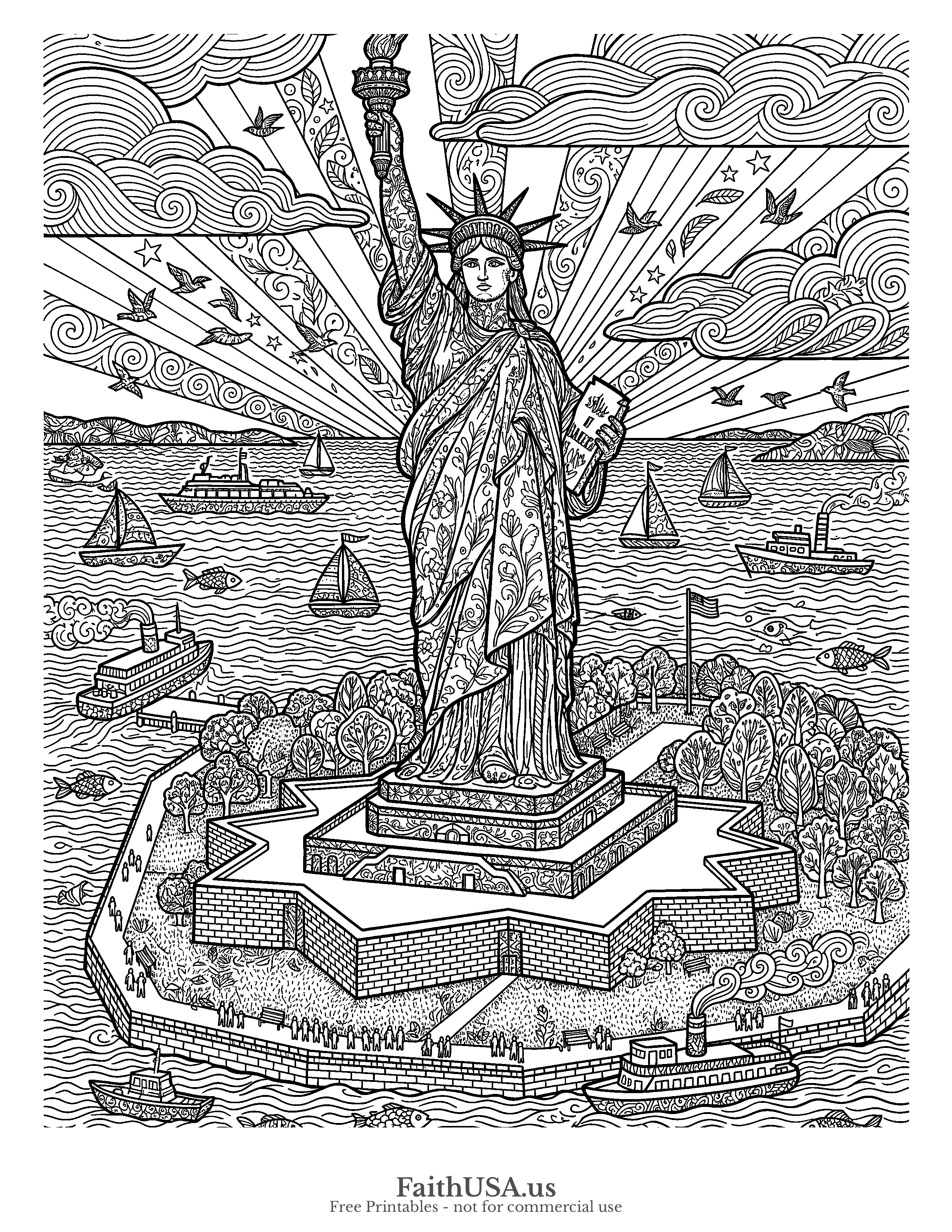 Free printable detailed Statue of Liberty on Liberty Island coloring page PDF for older students, adults, American history, and civics lessons