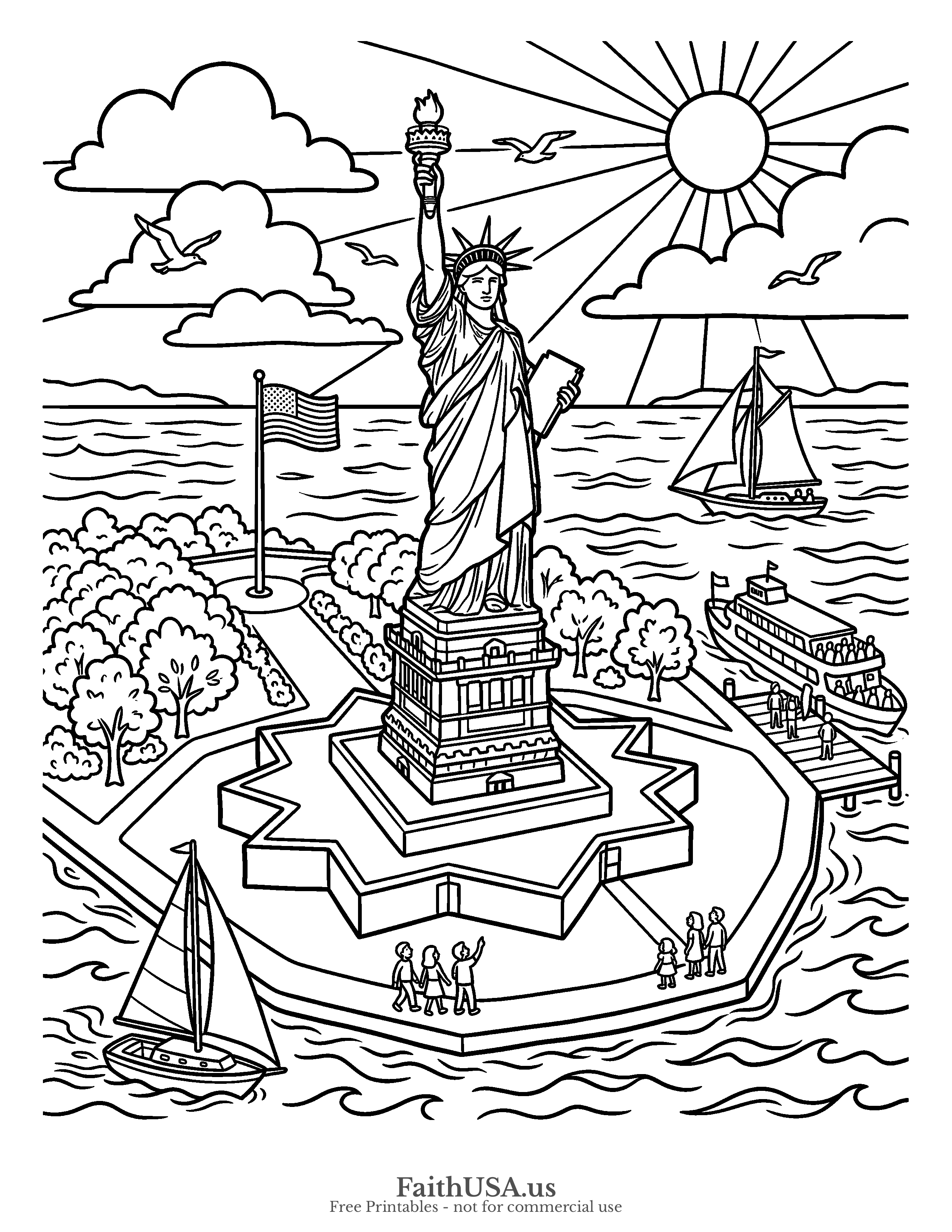 Free printable simple Statue of Liberty on Liberty Island coloring page PDF for kids, American symbols units, and patriotic packets