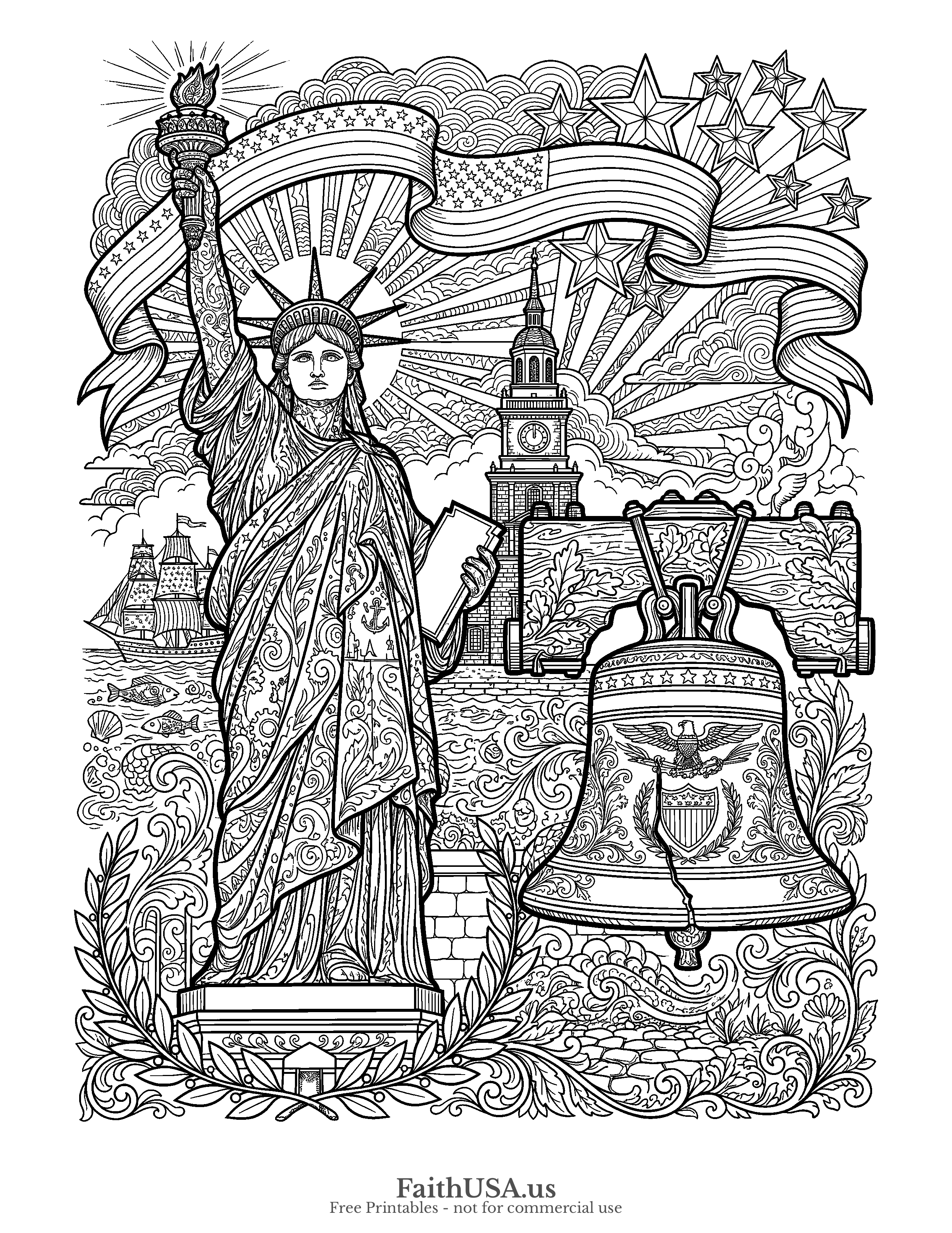 Free printable detailed the Statue of Liberty paired with the Liberty Bell, proclaim liberty throughout all the land (Leviticus 25:10) coloring page, black-and-white line art