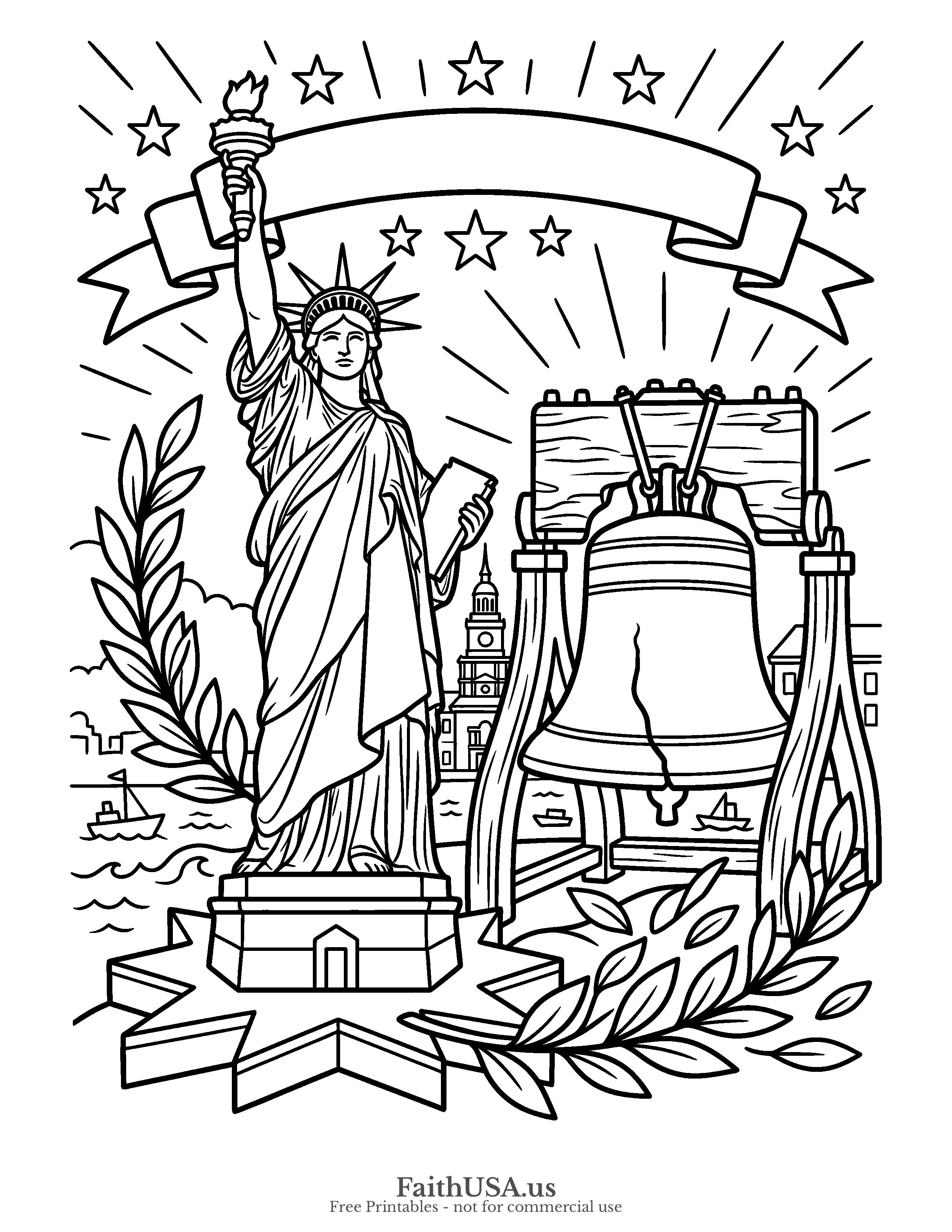 Free printable simple the Statue of Liberty paired with the Liberty Bell, proclaim liberty throughout all the land (Leviticus 25:10) coloring page, black-and-white line art