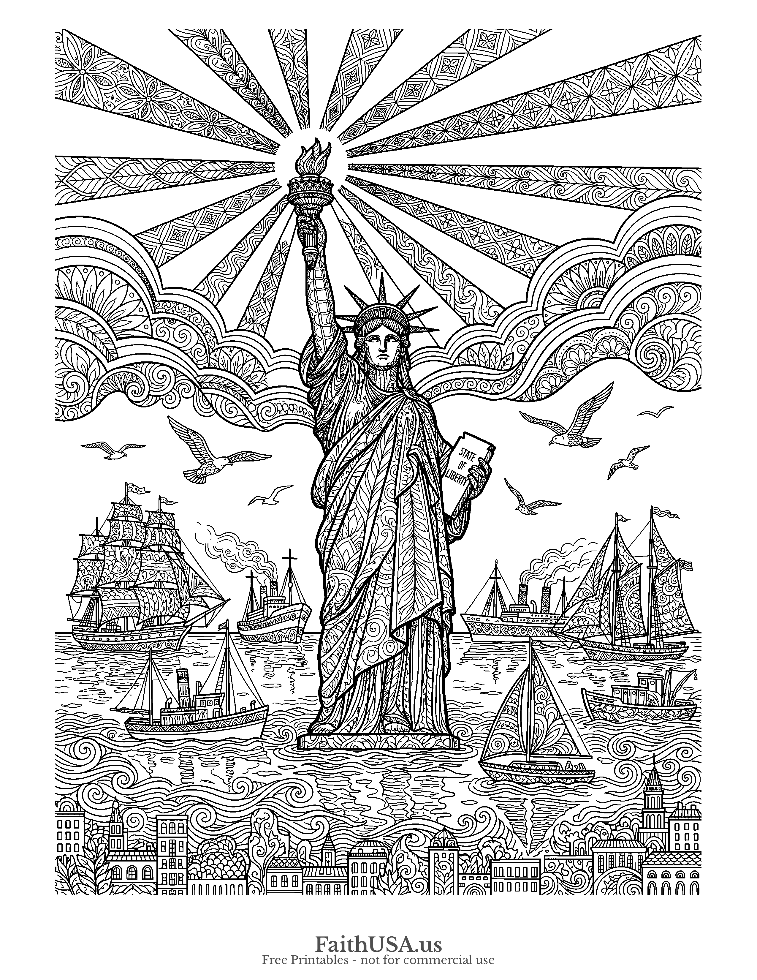 Free printable detailed the Statue of Liberty as Liberty Enlightening the World, her torch a light to the nations (Matthew 5:14) coloring page, black-and-white line art