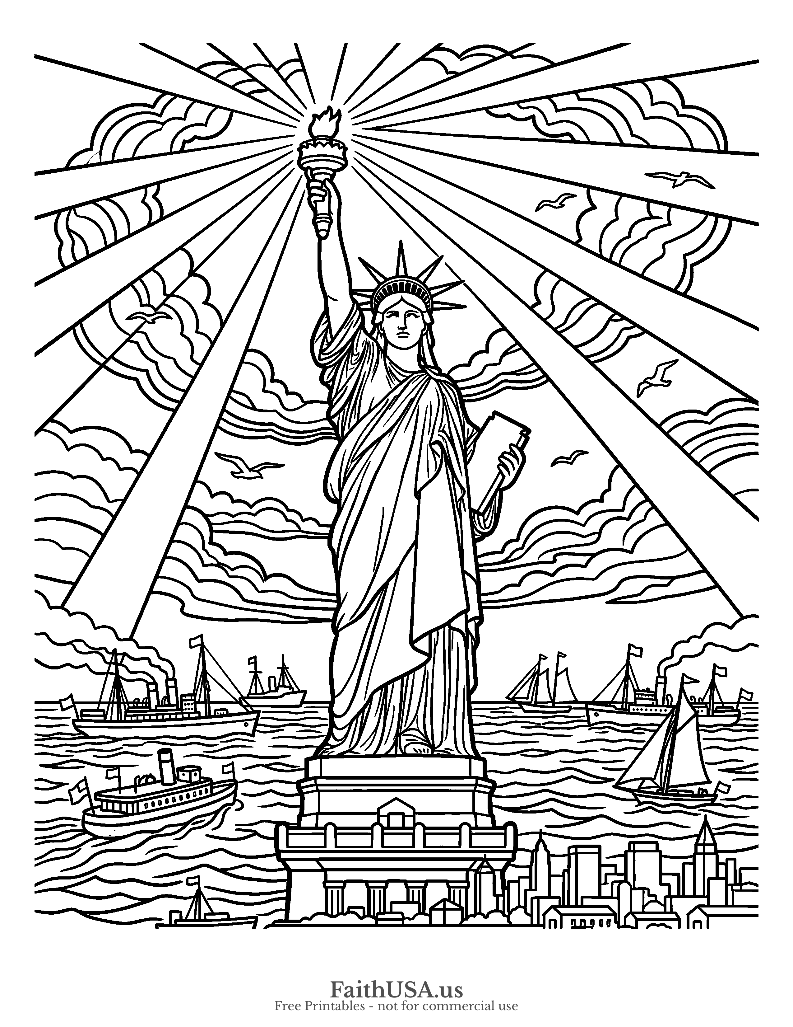 Free printable simple the Statue of Liberty as Liberty Enlightening the World, her torch a light to the nations (Matthew 5:14) coloring page, black-and-white line art