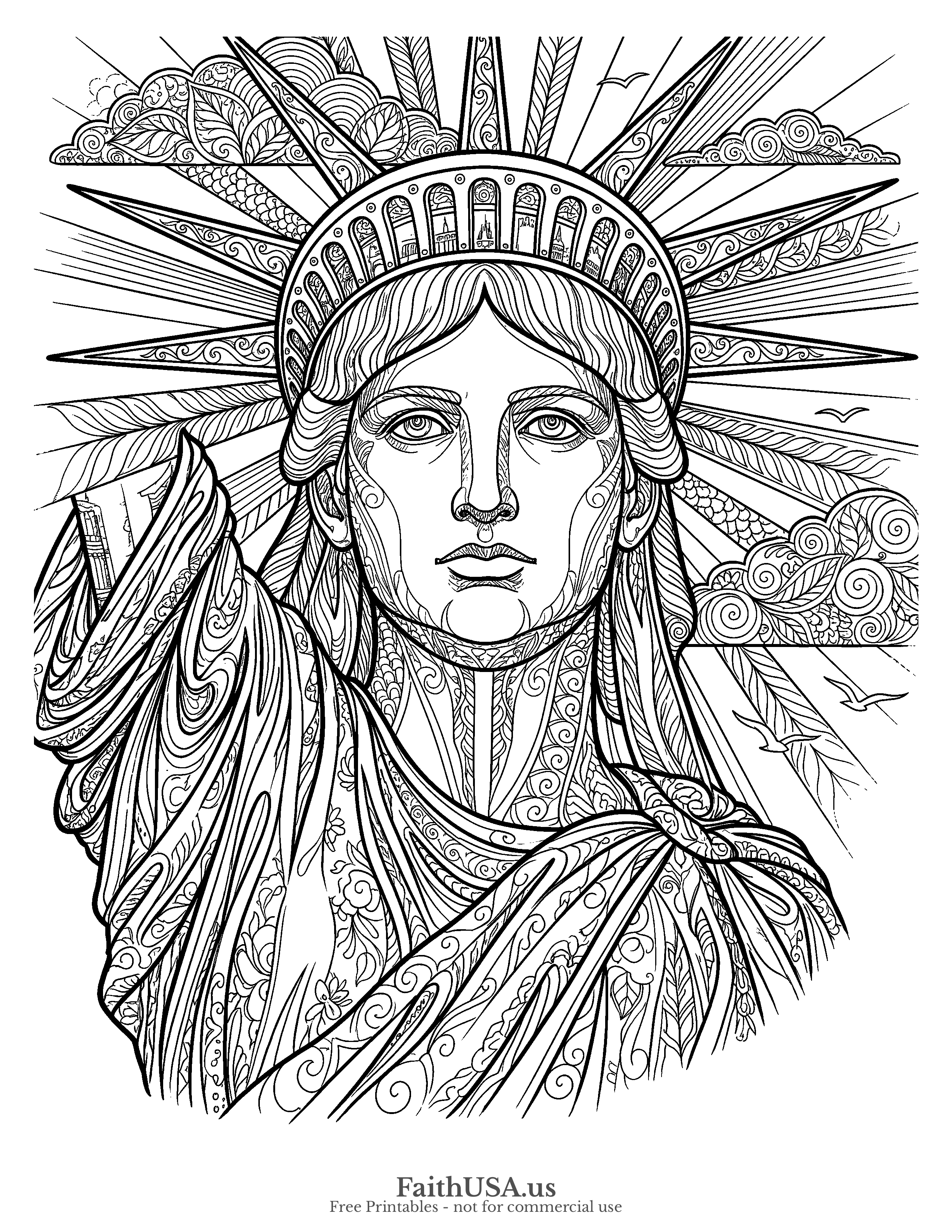 Free printable detailed Statue of Liberty portrait coloring page PDF for older students, adults, American history, and civics lessons