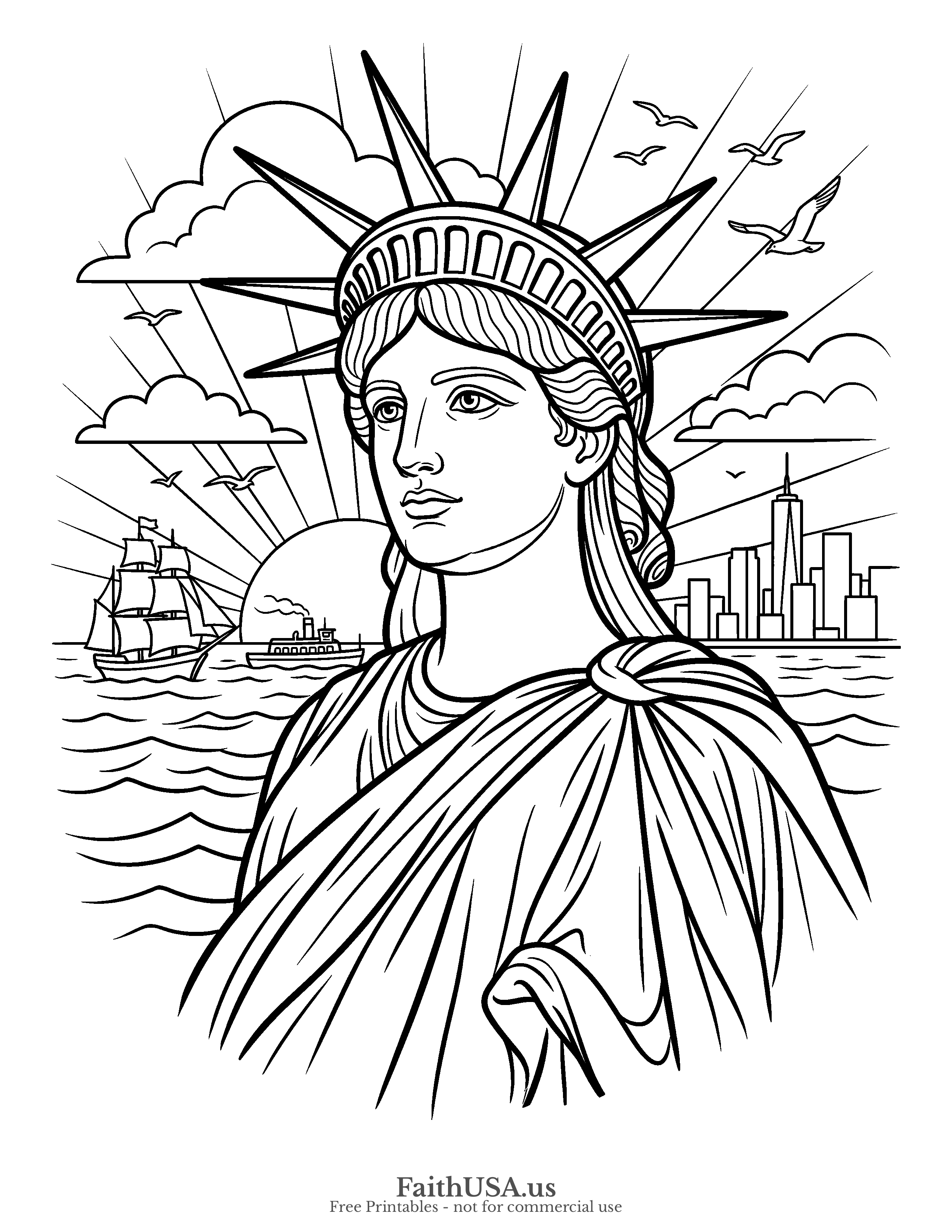 Free printable simple Statue of Liberty portrait coloring page PDF for kids, American symbols units, and patriotic packets