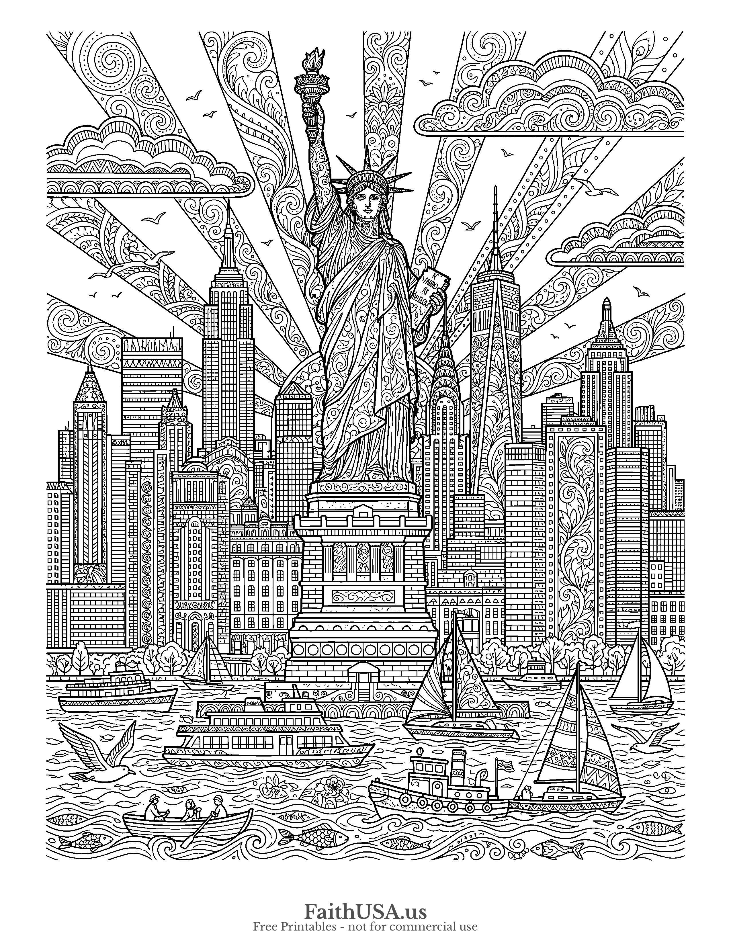 Free printable detailed Statue of Liberty with New York skyline coloring page PDF for American symbols, civics, and Independence Day lessons