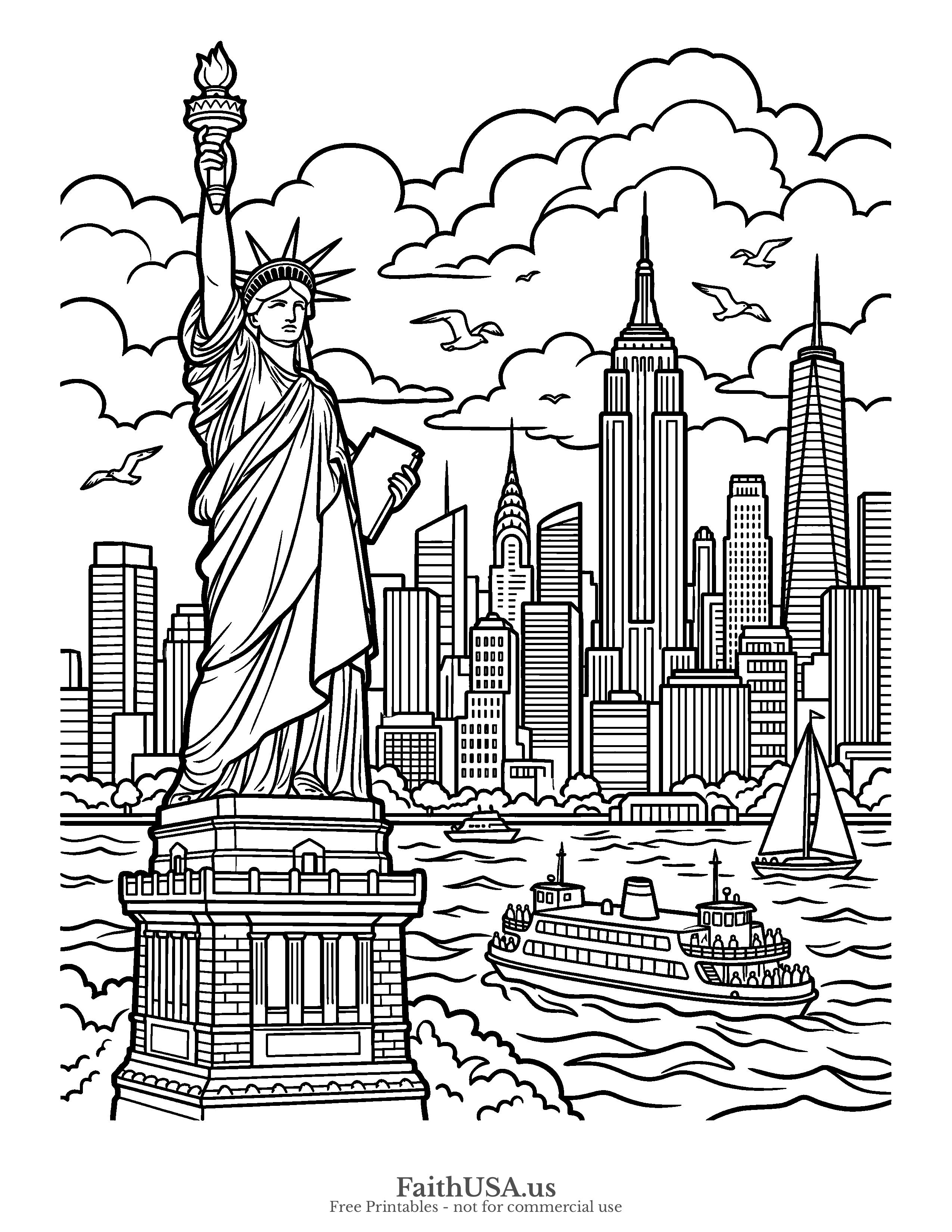 Free printable simple Statue of Liberty with New York skyline coloring page PDF for American symbols, civics, and Independence Day lessons