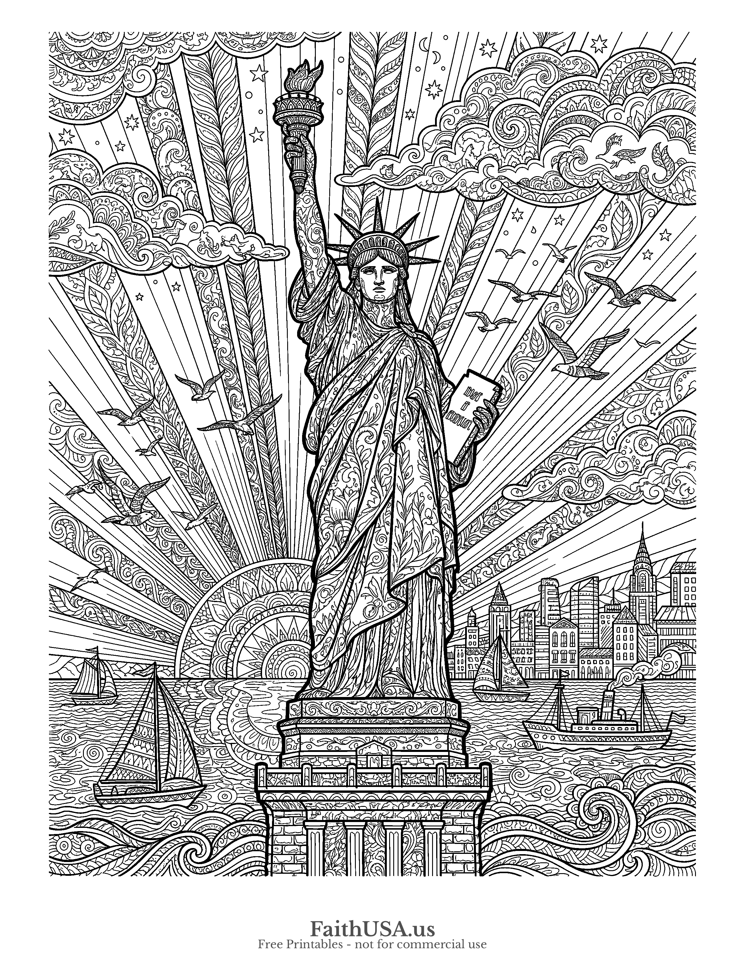 Free printable detailed the Statue of Liberty before a radiant sunrise over New York Harbor coloring page, black-and-white line art