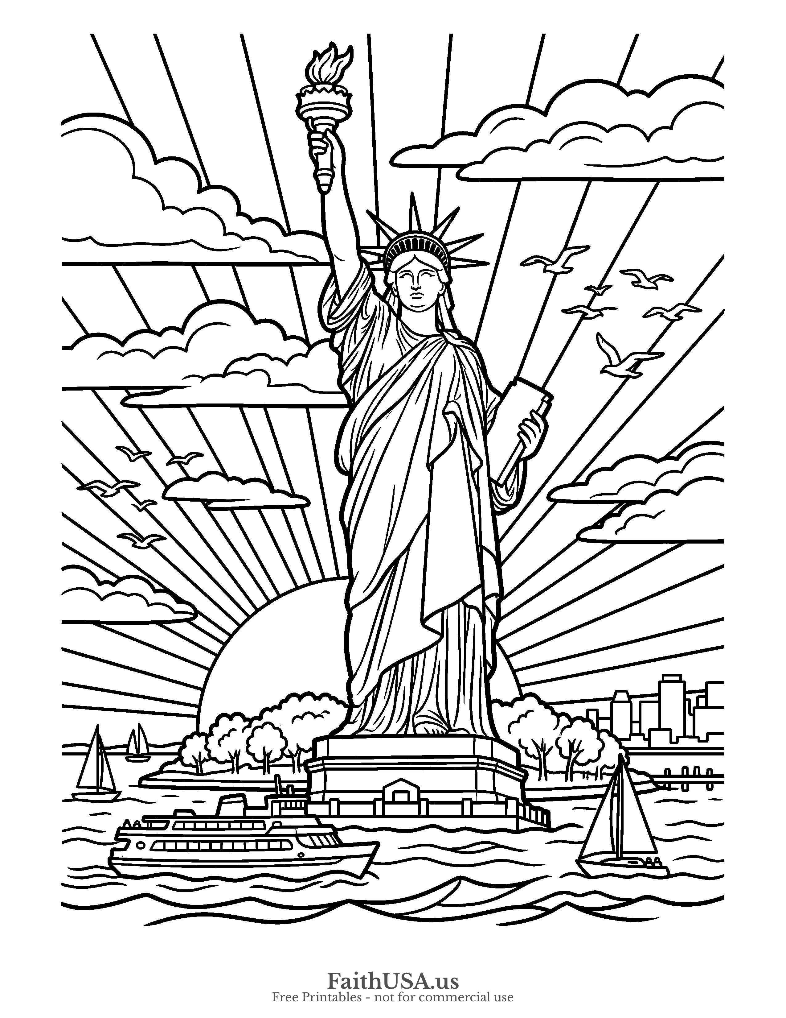 Free printable simple the Statue of Liberty before a radiant sunrise over New York Harbor coloring page, black-and-white line art