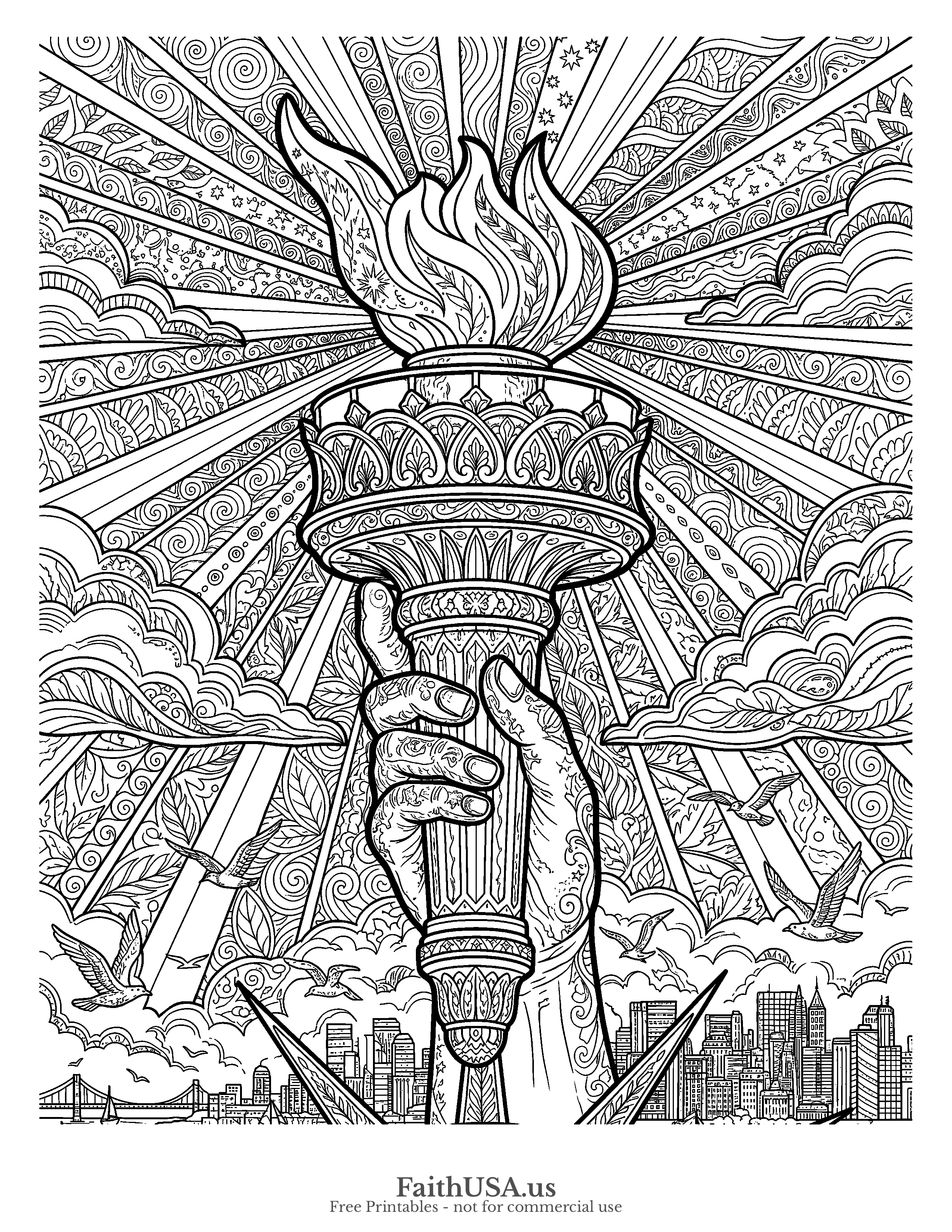 Free printable detailed Statue of Liberty torch coloring page PDF for American symbols, civics, and Independence Day lessons