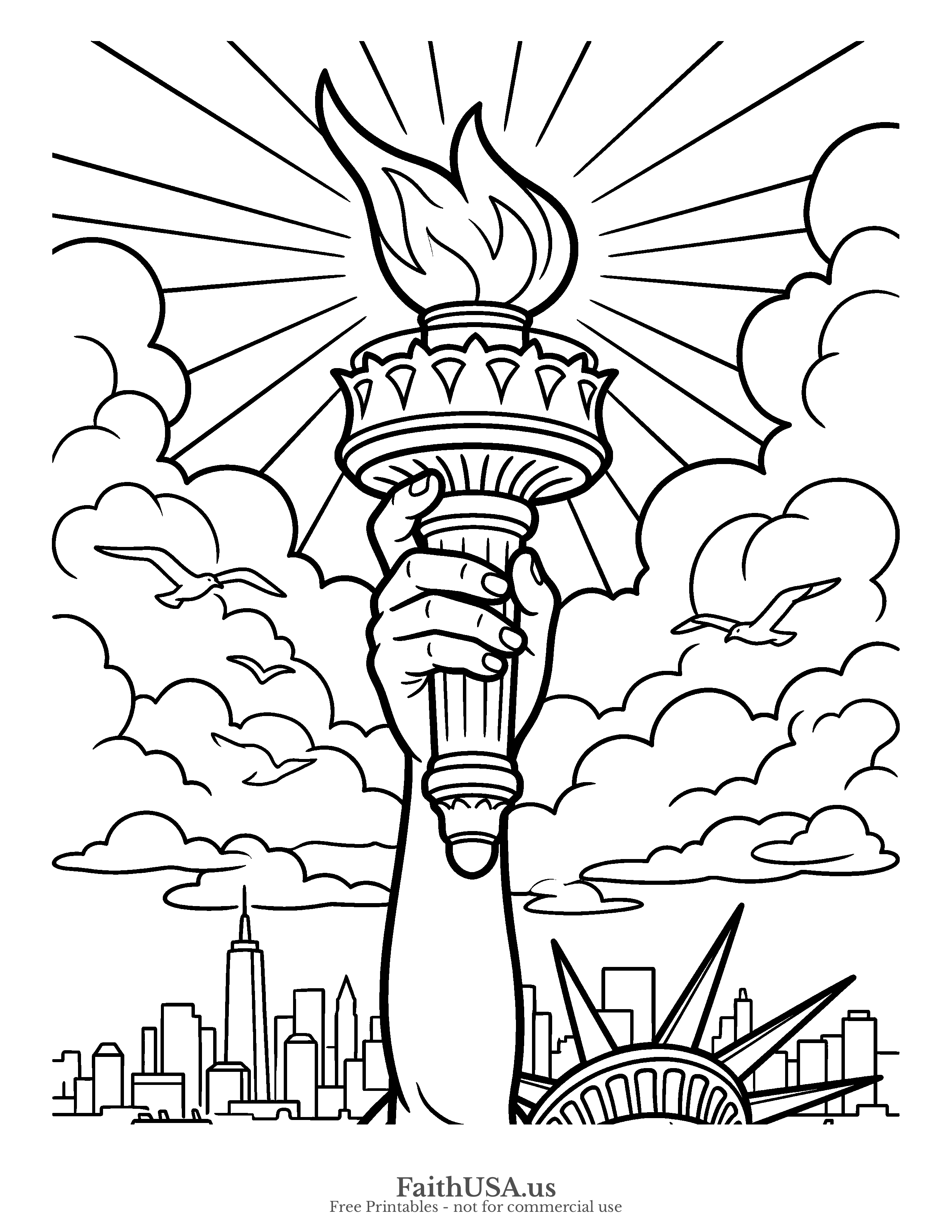 Free printable simple Statue of Liberty torch coloring page PDF for American symbols, civics, and Independence Day lessons